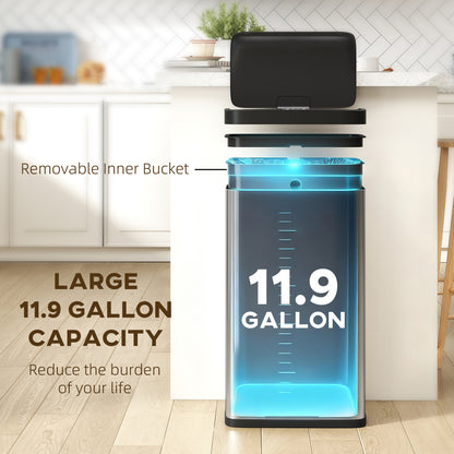 12 Gallon Sensor Can, Automatic Garbage Can with Soft-Close Lid, Fingerprint-Proof Stainless Steel, Silver