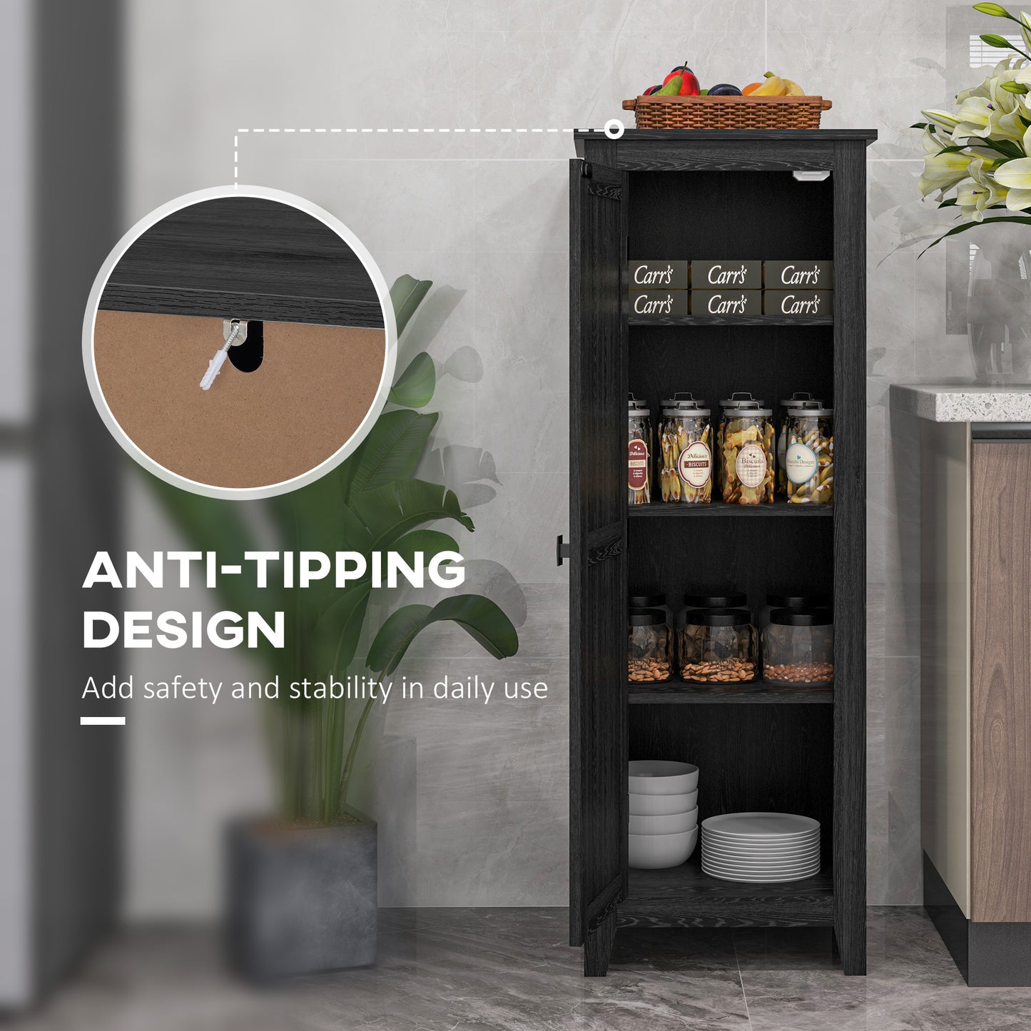 48" Farmhouse Kitchen Pantry Storage Cabinet with Barn Door, Kitchen Pantry Cabinet with Adjustable Shelves, Black