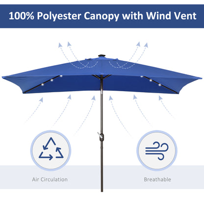 6.5x10ft Patio Umbrella Rectangle Solar Powered Tilt Aluminum Outdoor Market Parasol with LEDs Crank (Dark Blue)