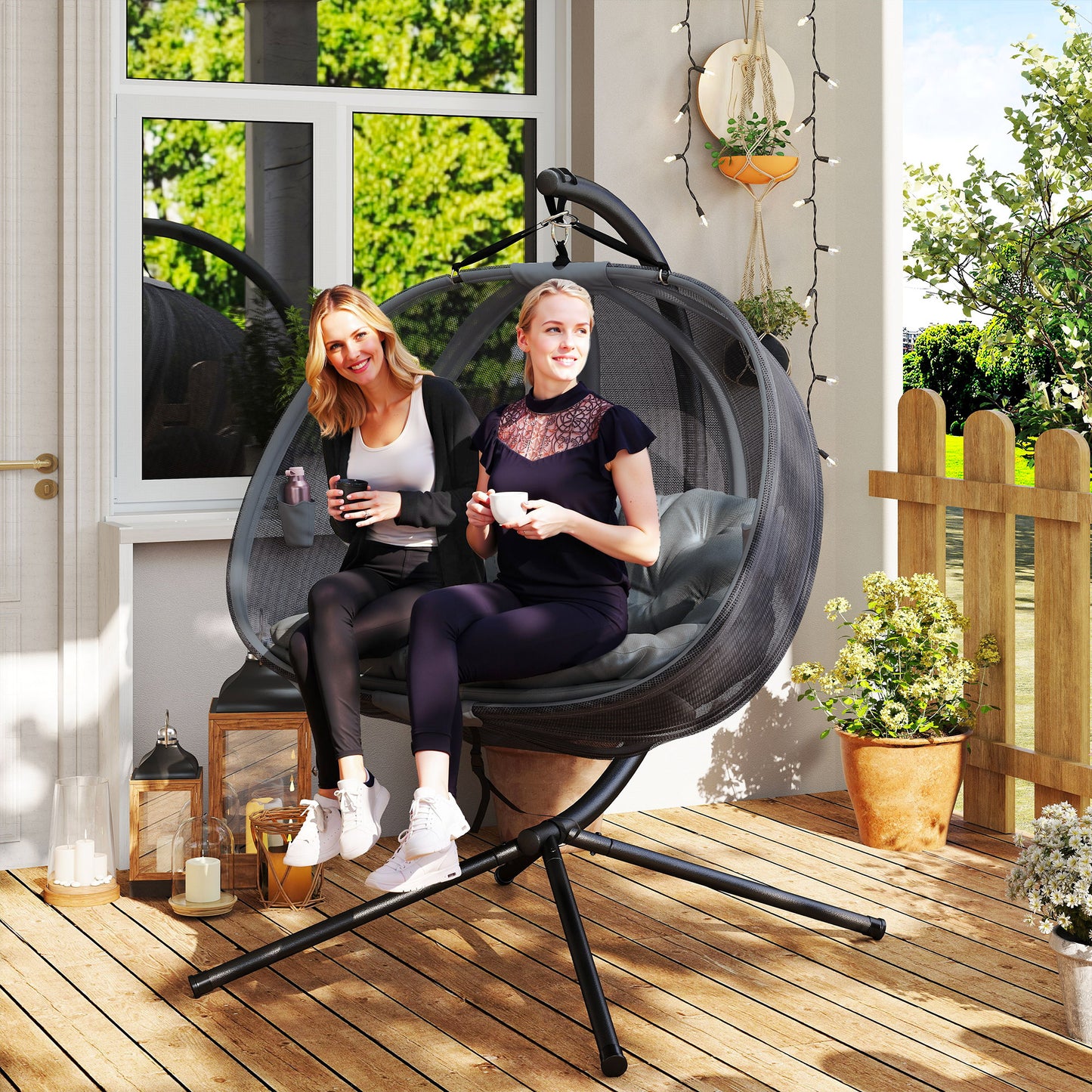 Double Egg Chair with Stand, 2 Person Hanging Swing Egg Chair with Cushion, Pockets, Grey