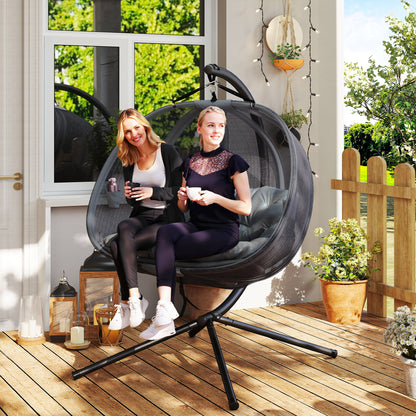 Double Egg Chair with Stand, 2 Person Hanging Swing Egg Chair with Cushion, Pockets, Grey