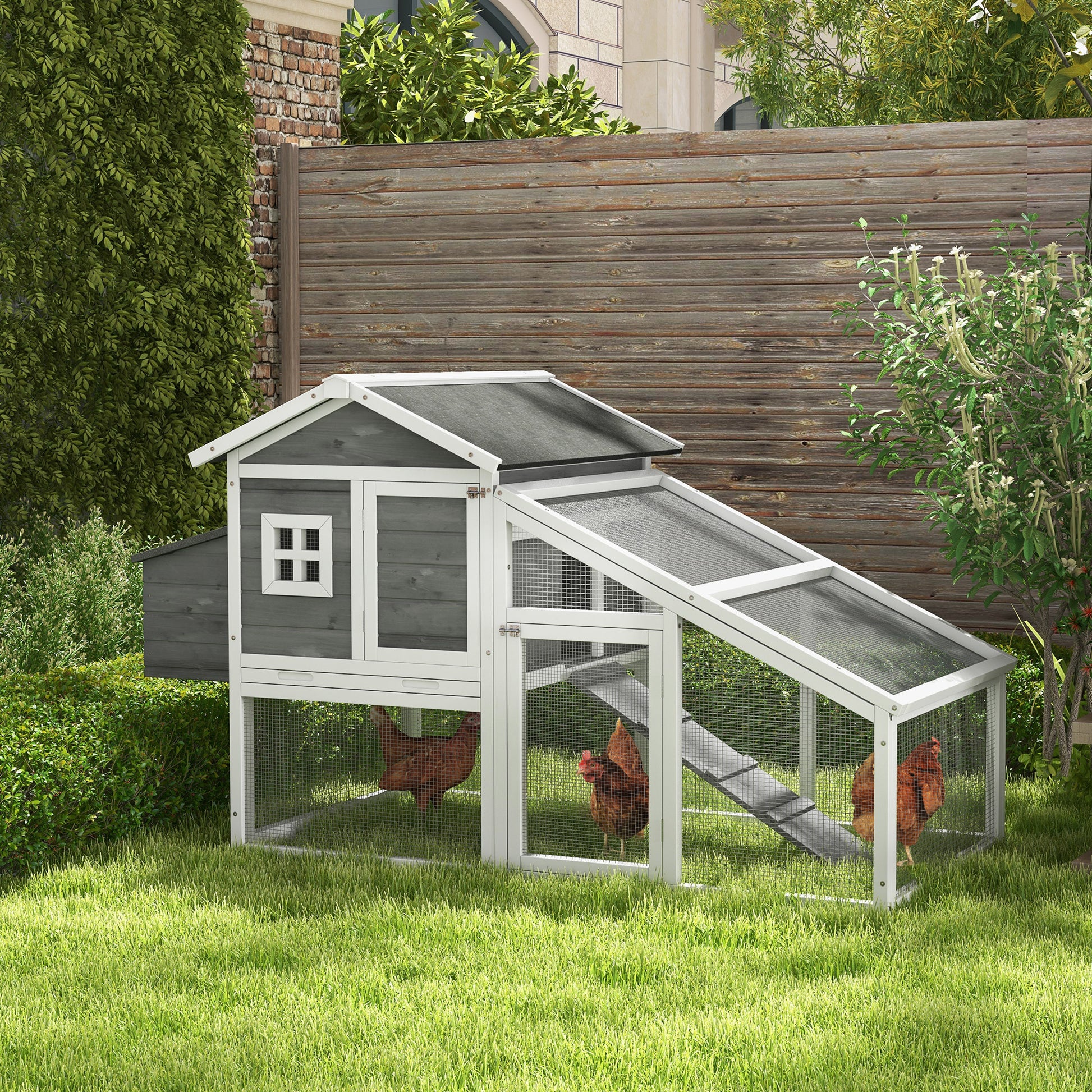 69" Wooden Chicken Coop with Run, Nesting Box, Tray, Grey