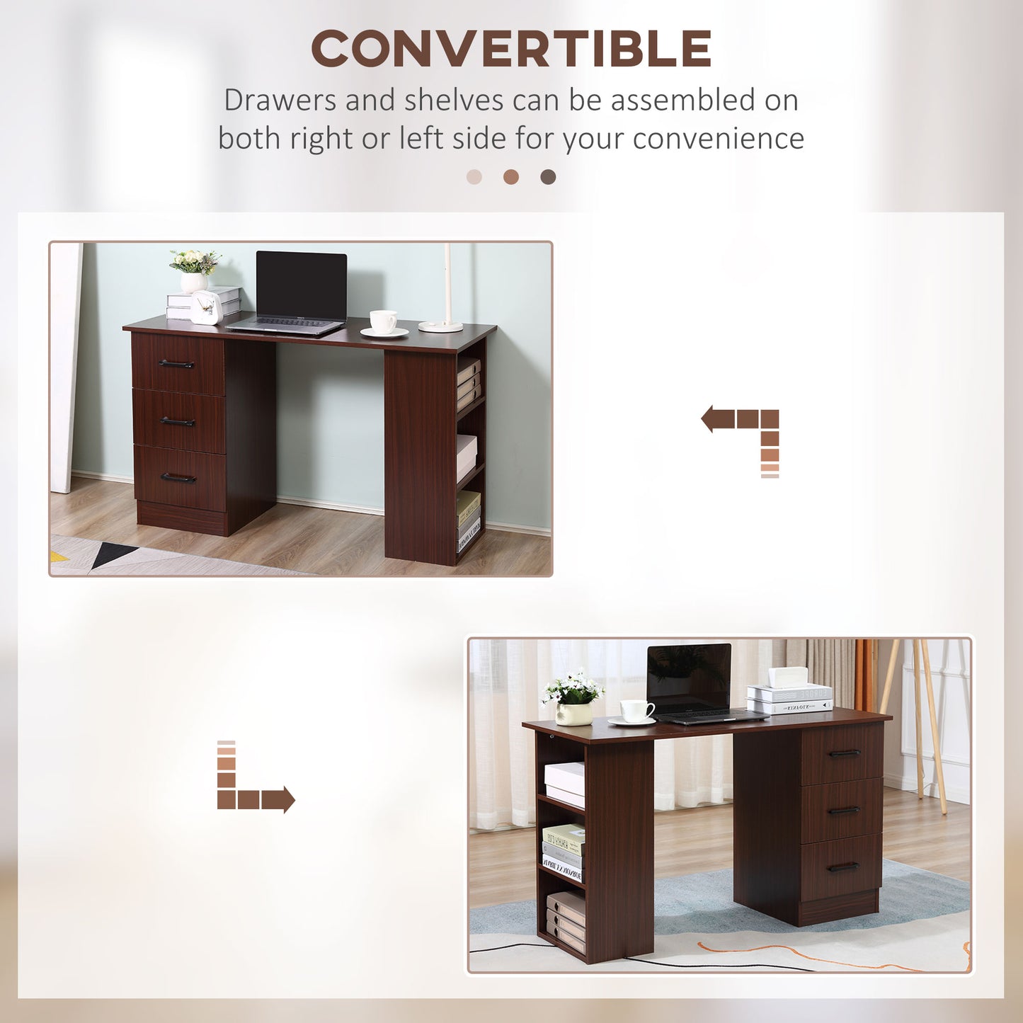 Computer Desk, 47" Writing Table with 3-Tier Shelves and 3 Reversible Drawers for Home Office, Bedroom, Walnut