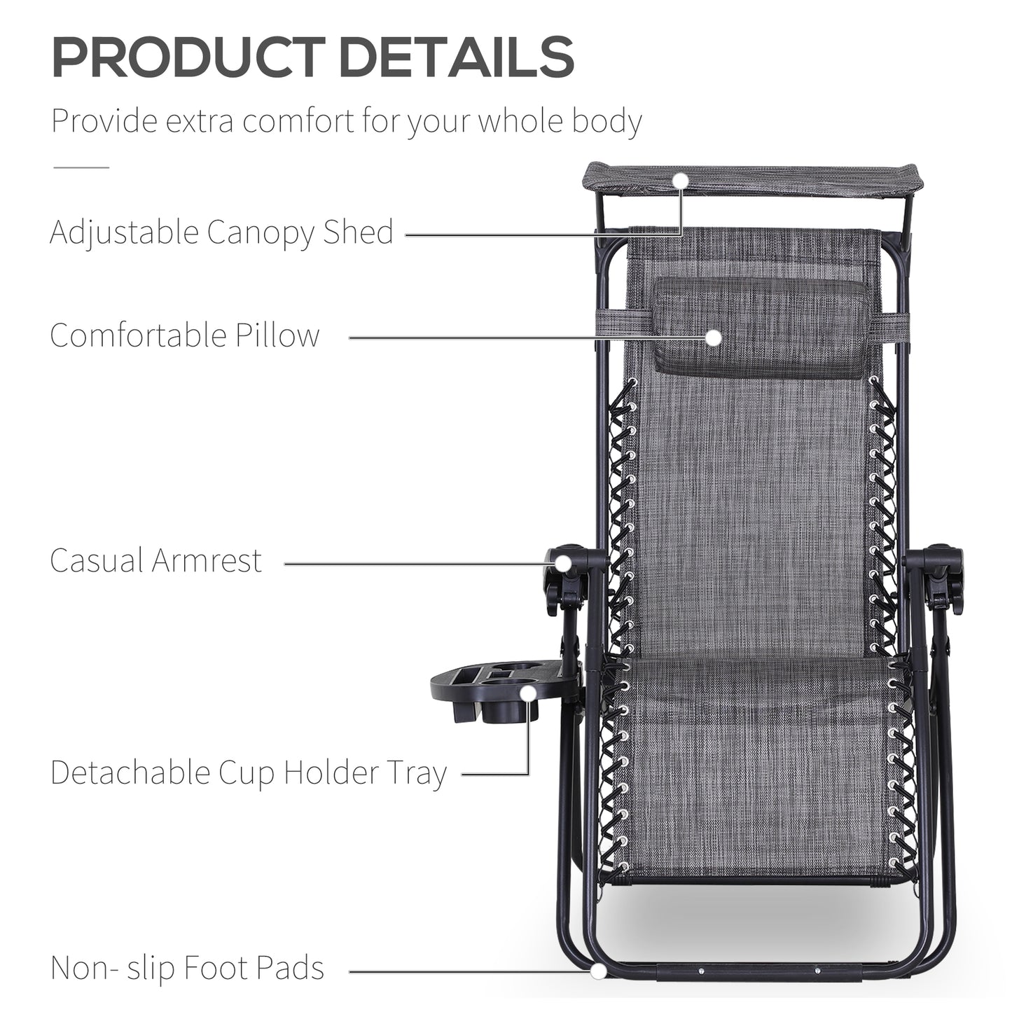 Outdoor Zero Gravity Reclining Lounger Chair with Canopy Shade, Side Tray, Cupholder, Dark Grey
