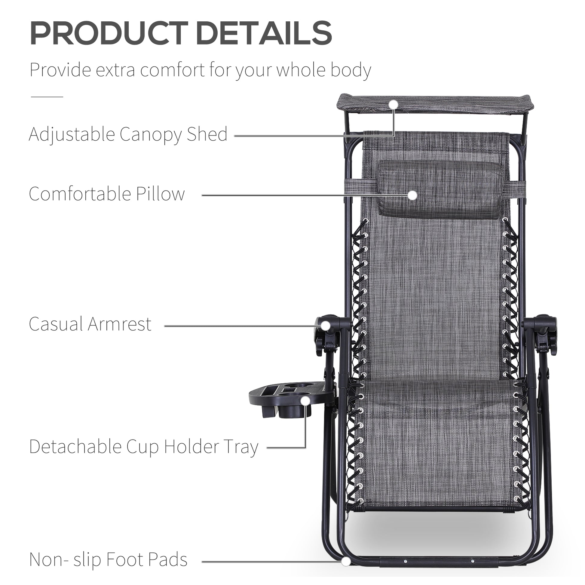 Outdoor Zero Gravity Reclining Lounger Chair with Canopy Shade, Side Tray, Cupholder, Dark Grey