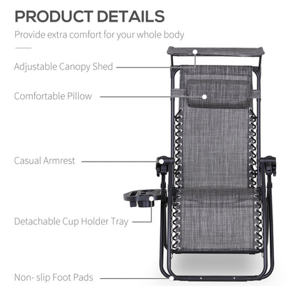 Outdoor Zero Gravity Reclining Lounger Chair with Canopy Shade, Side Tray, Cupholder, Dark Grey