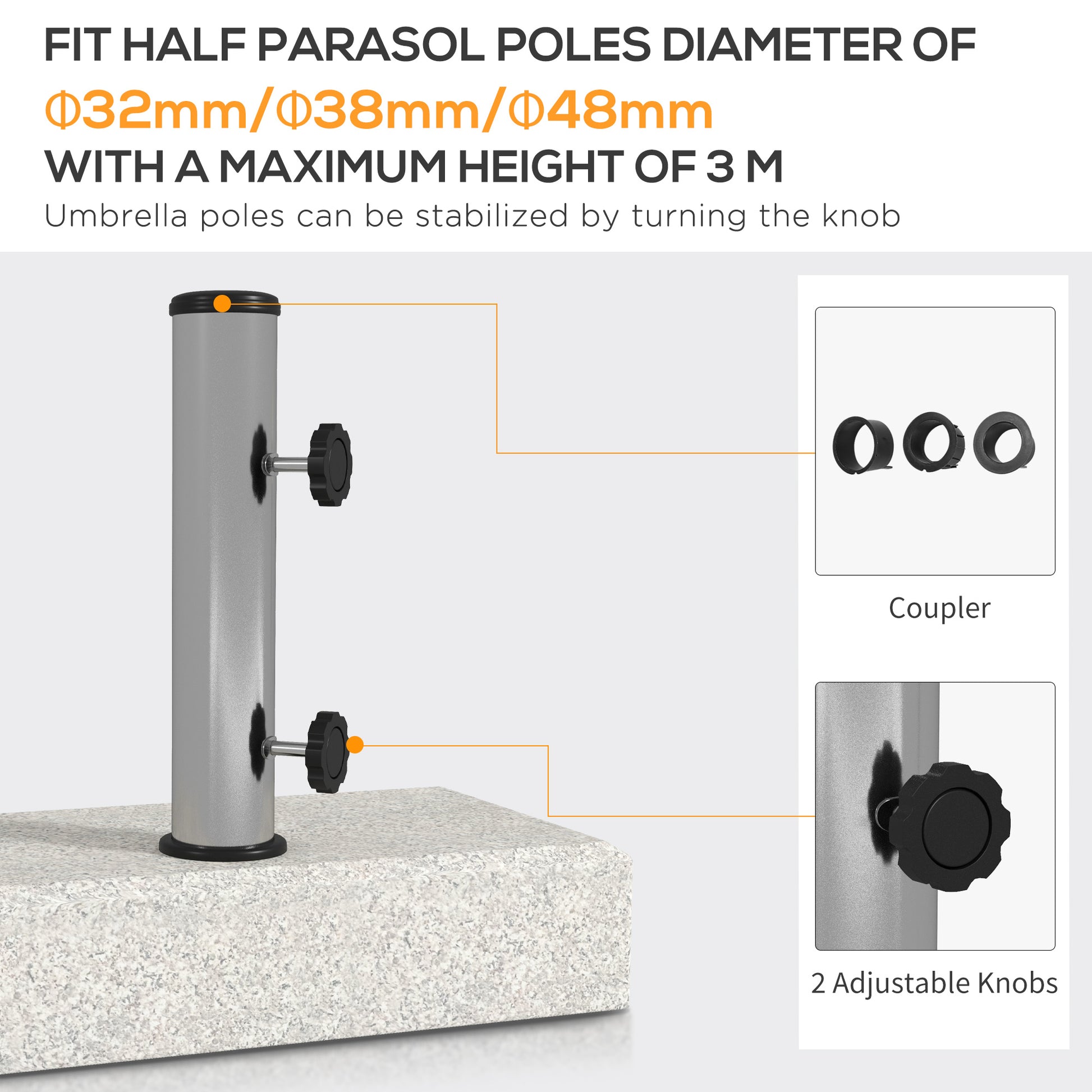 55 lbs Half Granite Parasol Base, Outdoor Umbrella Stand Weight for 1.3", 1.5", 1.9" Umbrella Poles, Grey