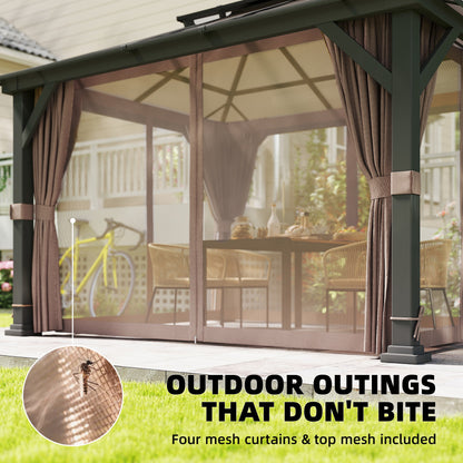 10' x 12' Hardtop Gazebo Canopy with Double PC Roof, Steel Permanent Outdoor Gazebo with Curtains and Netting, Khaki