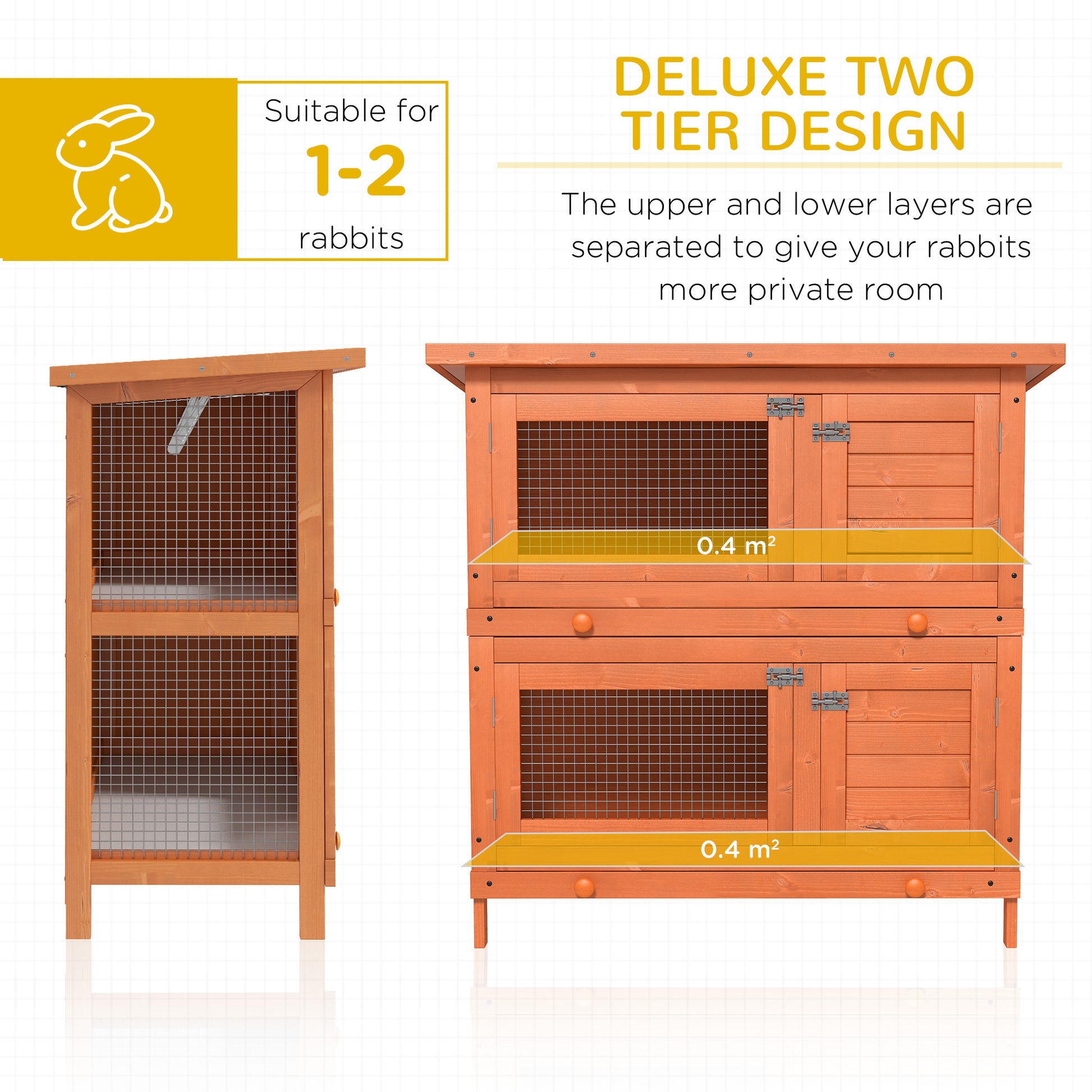 2-Tier Wooden Rabbit Hutch Small Animal House Bunny Pet Cage with 2 Main Rooms, Sliding Tray, Opening Top, Yellow