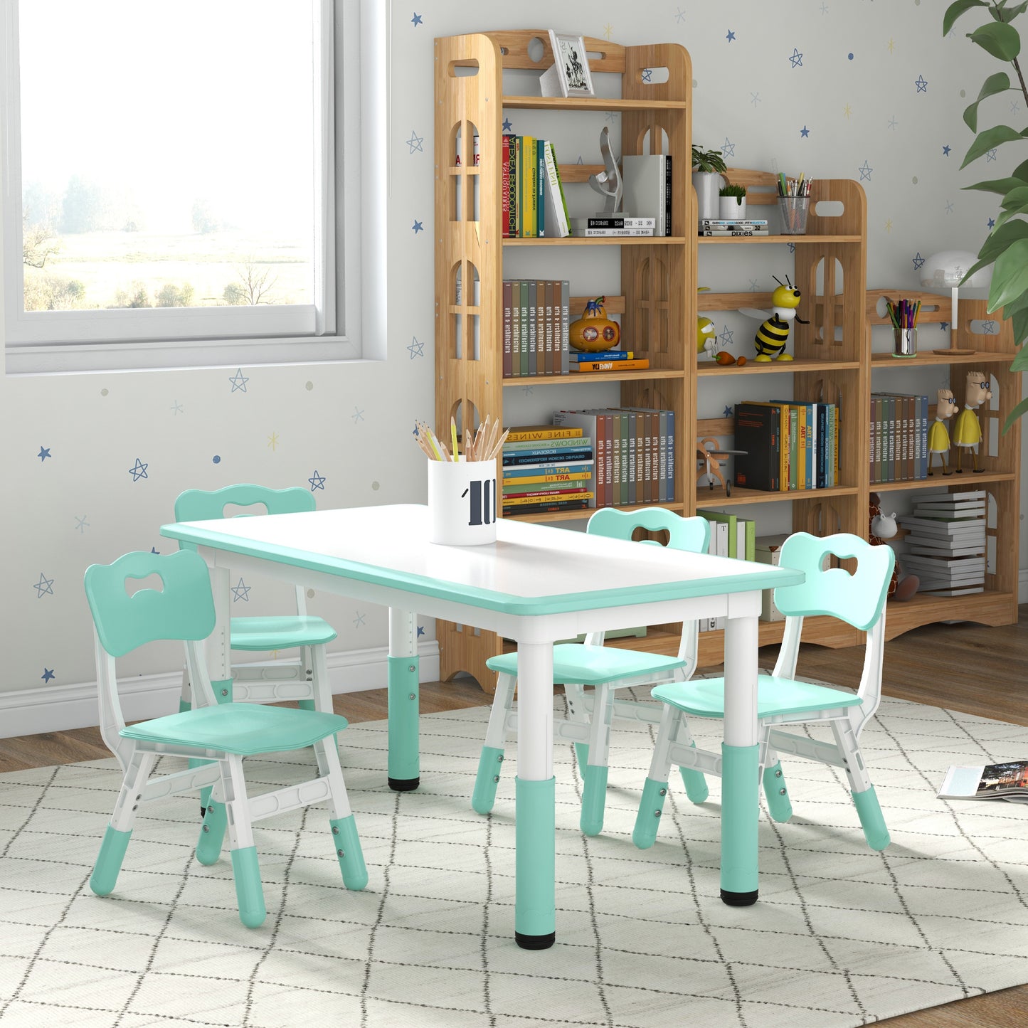 Qaba Kids Table and Chair Set with 4 Chairs, Adjustable Height, Easy to Clean, for 1.5 - 8 Years Old, Green