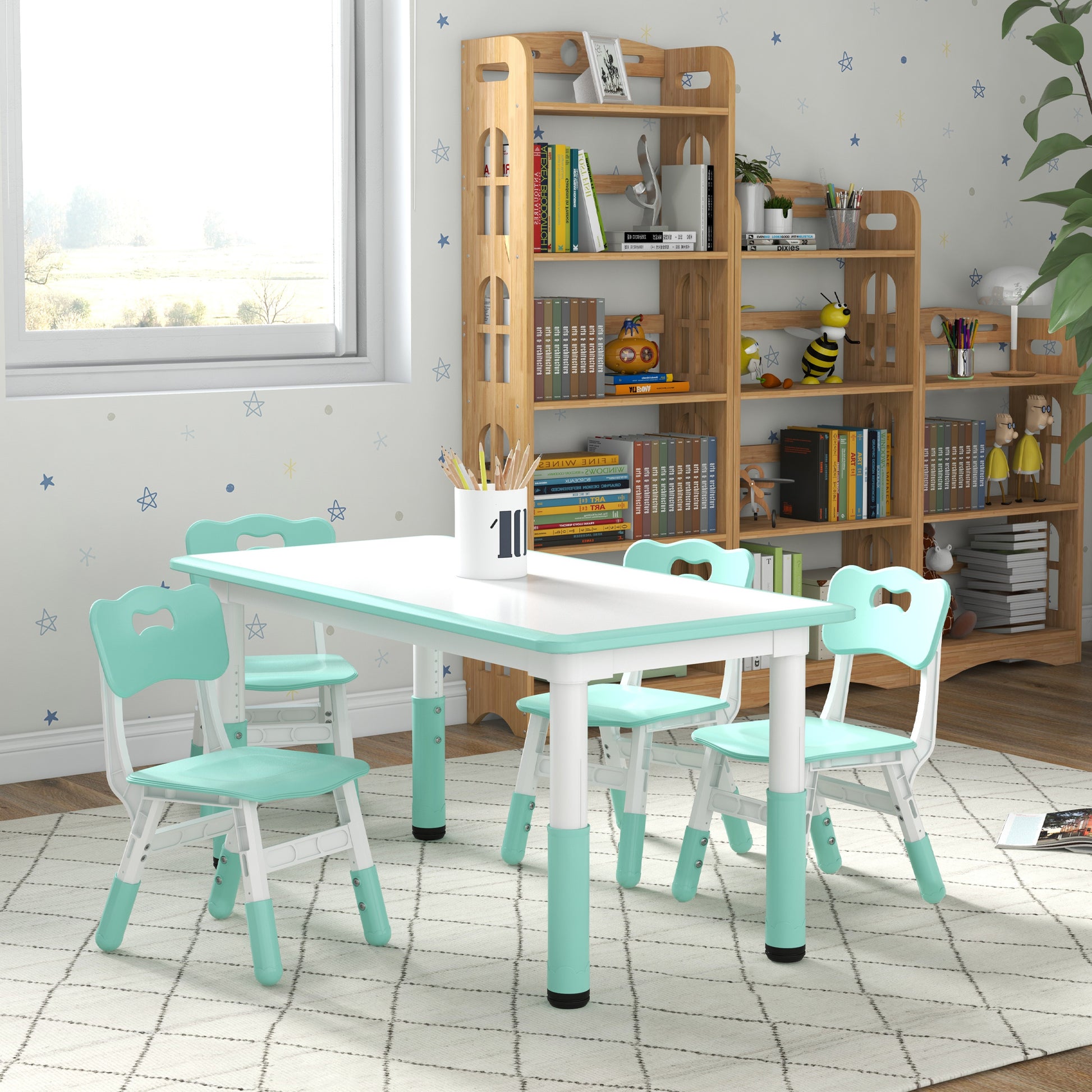 Qaba Kids Table and Chair Set with 4 Chairs, Adjustable Height, Easy to Clean, for 1.5 - 8 Years Old, Green