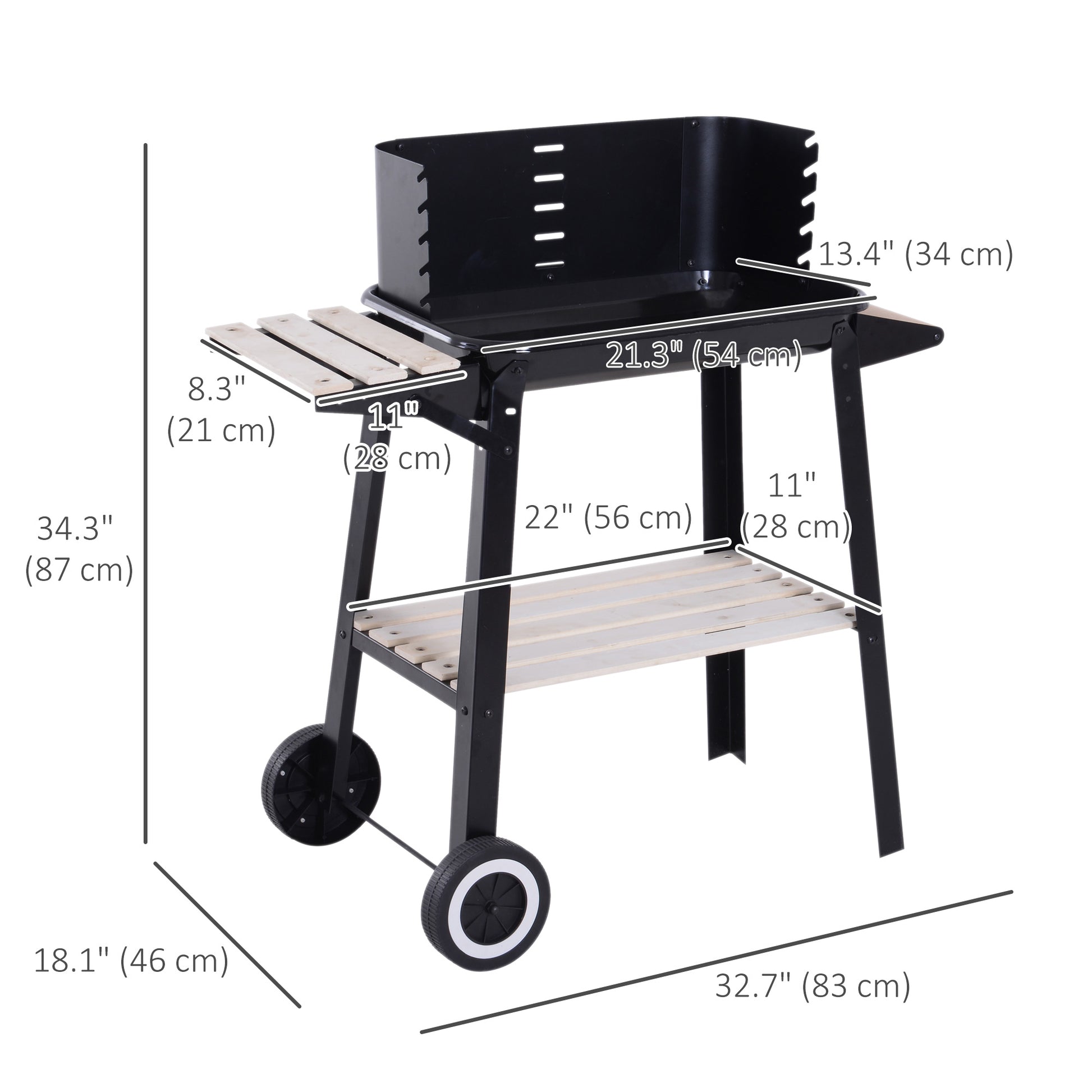 Trolley Charcoal BBQ Barbecue Grill Outdoor Patio Garden Heating Smoker with Side Trays Storage Shelf and Wheels