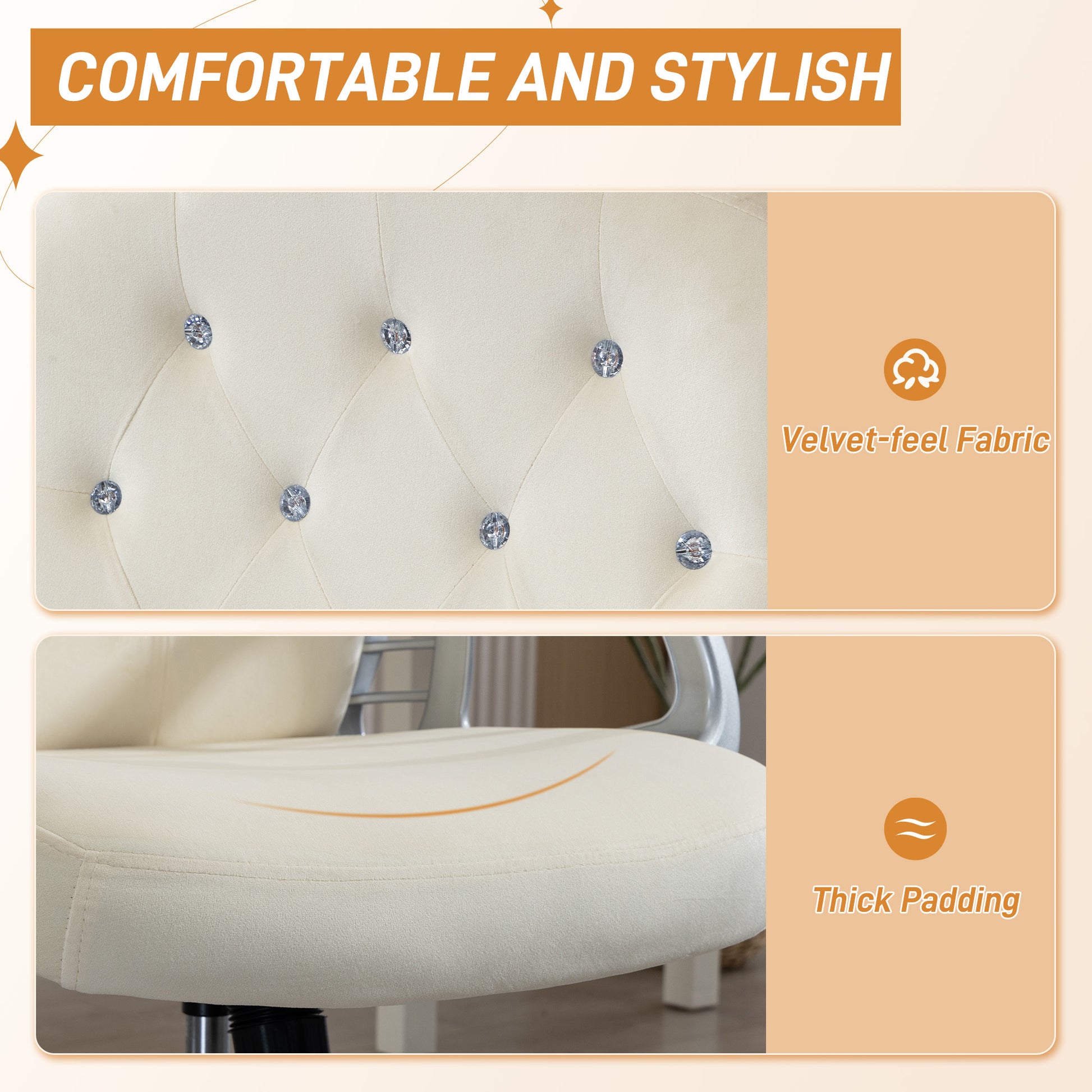Vanity Office Chair, Velvet Computer Desk Chair with Swivel Wheels, Adjustable Height, Tilt Function, Beige