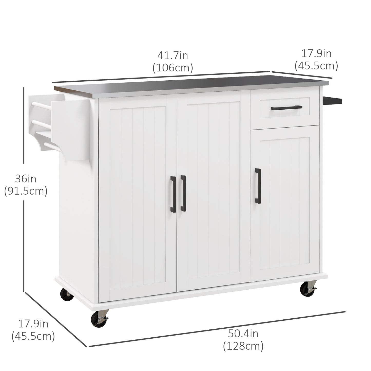 Kitchen Island with Storage, Rolling Kitchen Cart on Wheels, Kitchen Island with Storage, Drawer, 3 Cabinets, Stainless Steel Countertop, Spice Rack and Towel Rack, White
