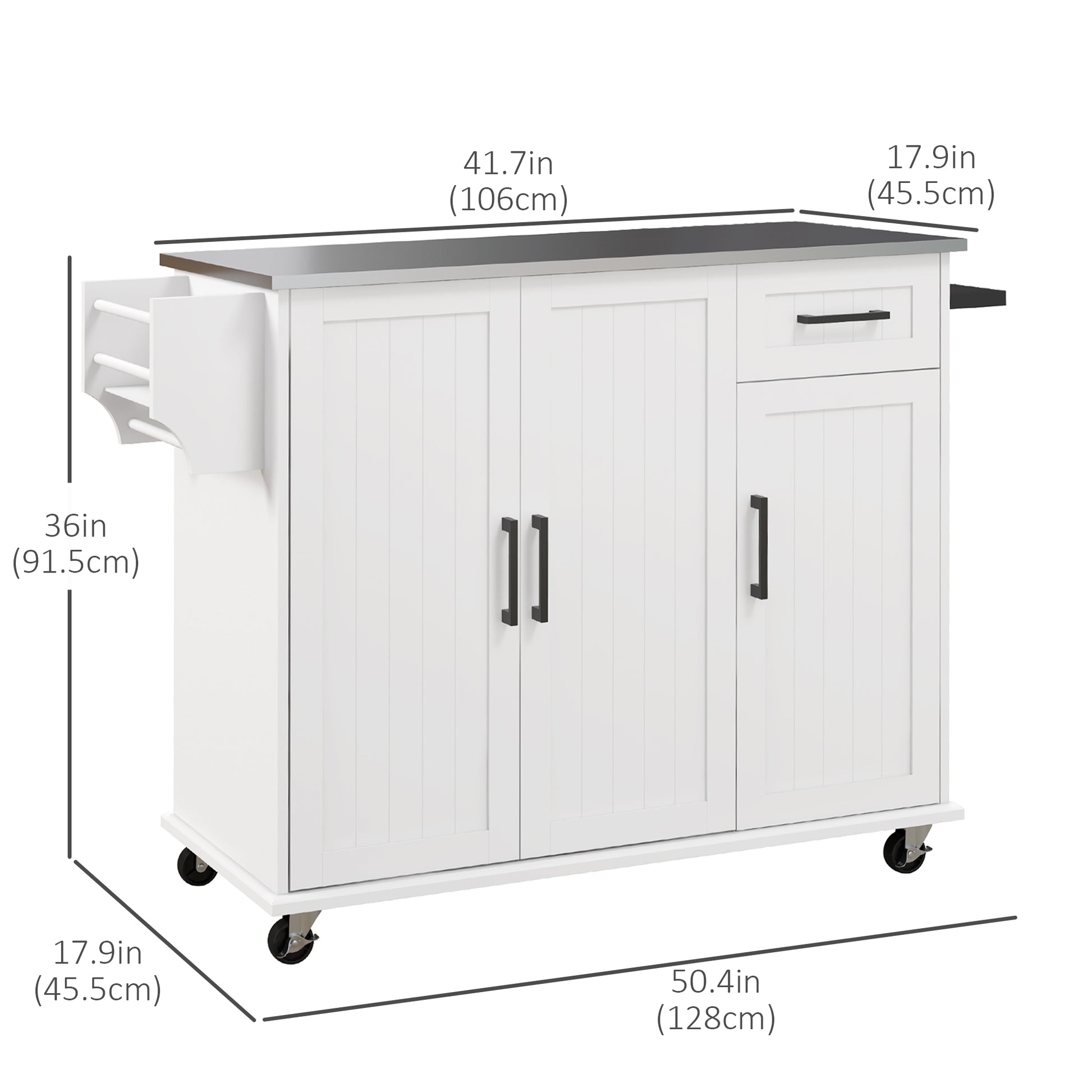 Kitchen Island with Storage, Rolling Kitchen Cart on Wheels, Kitchen Island with Storage, Drawer, 3 Cabinets, Stainless Steel Countertop, Spice Rack and Towel Rack, White