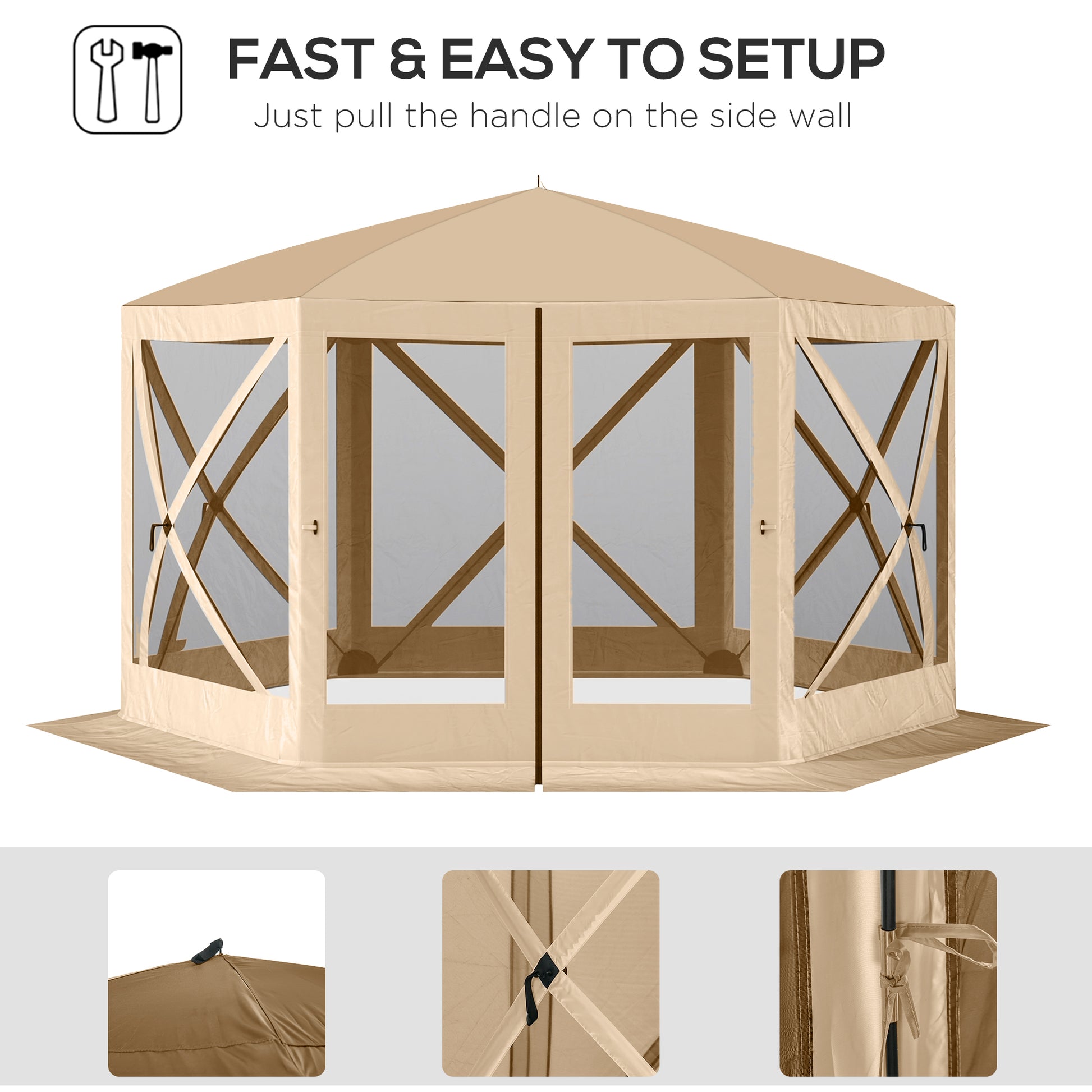 12' x 12' Hexagon Automatic Pop Up Screen Tents Camping Shelter Picnic Canopy Outdoor Sun Shade w/ Mesh Sidewalls and Carry Bag Beige