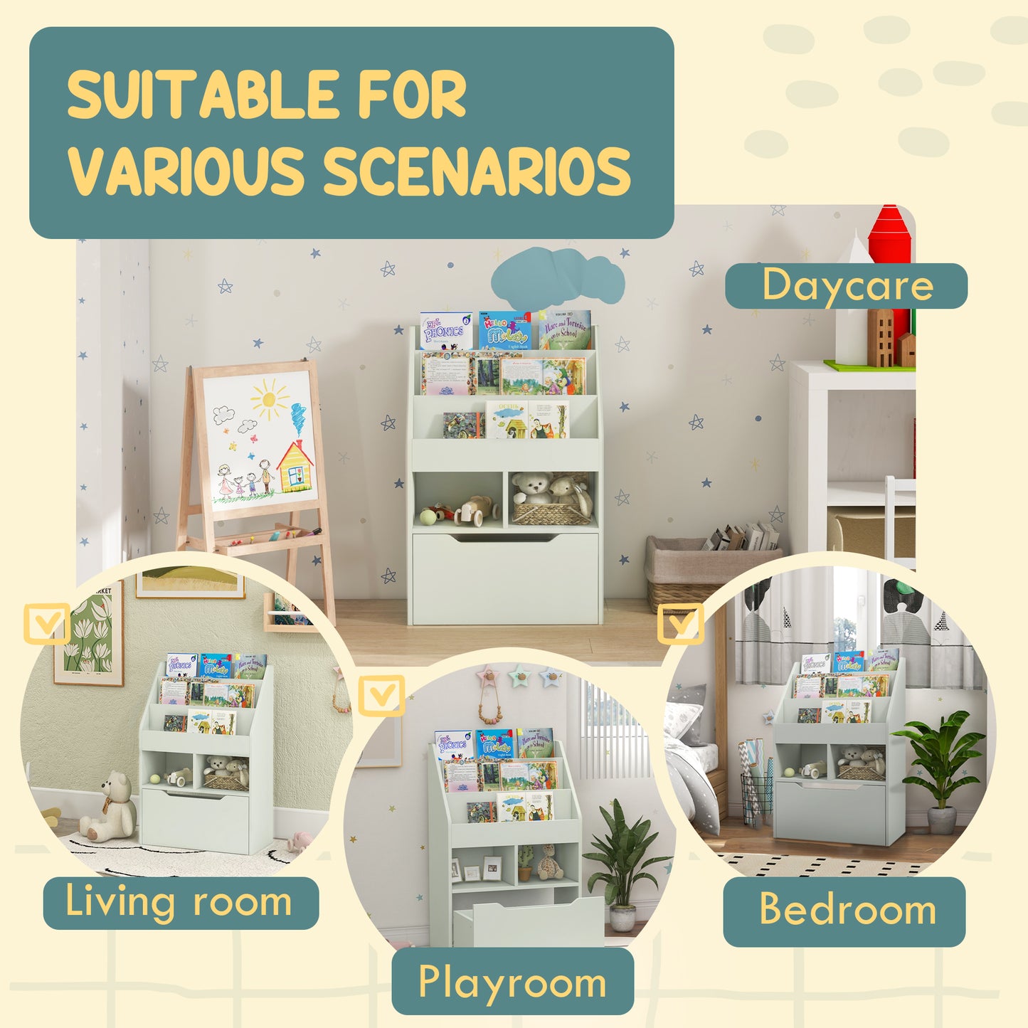 Kids Bookcase with Storage Drawer for Books, Reading Nook, for Classroom, Bedroom, Playroom, Green