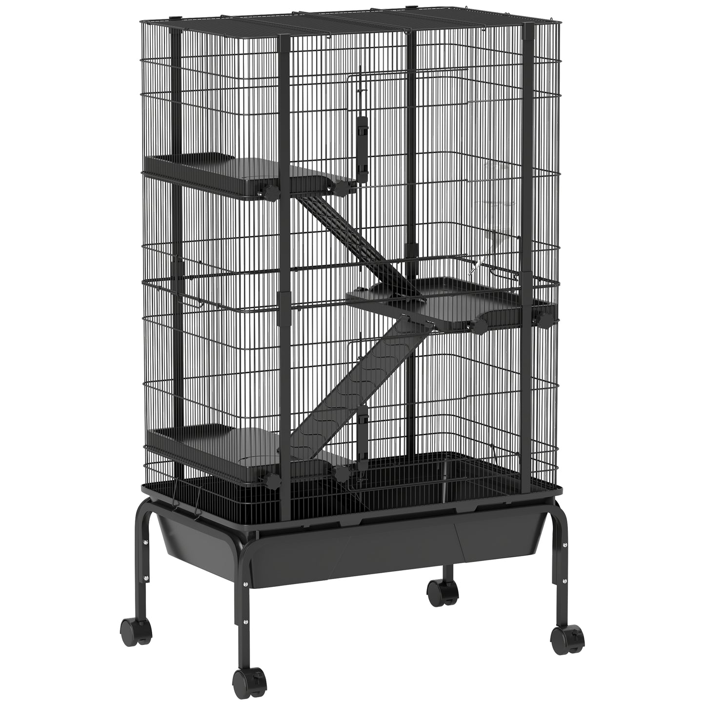 47"H Ferret Cage, Large 4-Tier Guinea Pig Cage with Wheels, Ramps, Bowl, Water Bottle & Removable Tray, Black