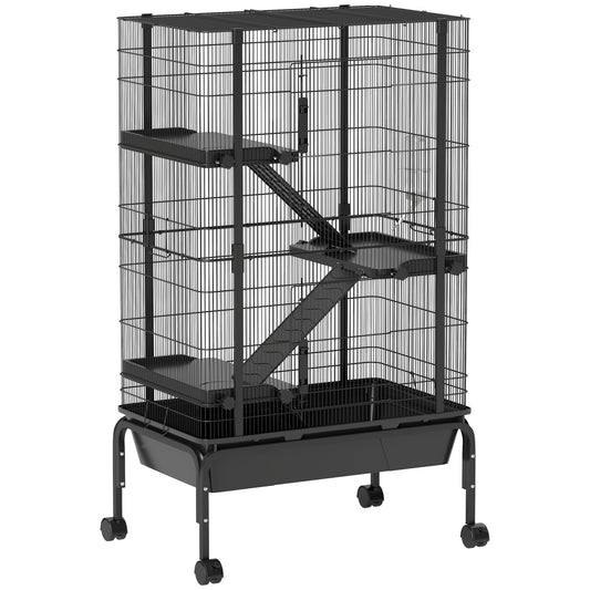 47"H Ferret Cage, Large 4-Tier Guinea Pig Cage with Wheels, Ramps, Bowl, Water Bottle & Removable Tray, Black