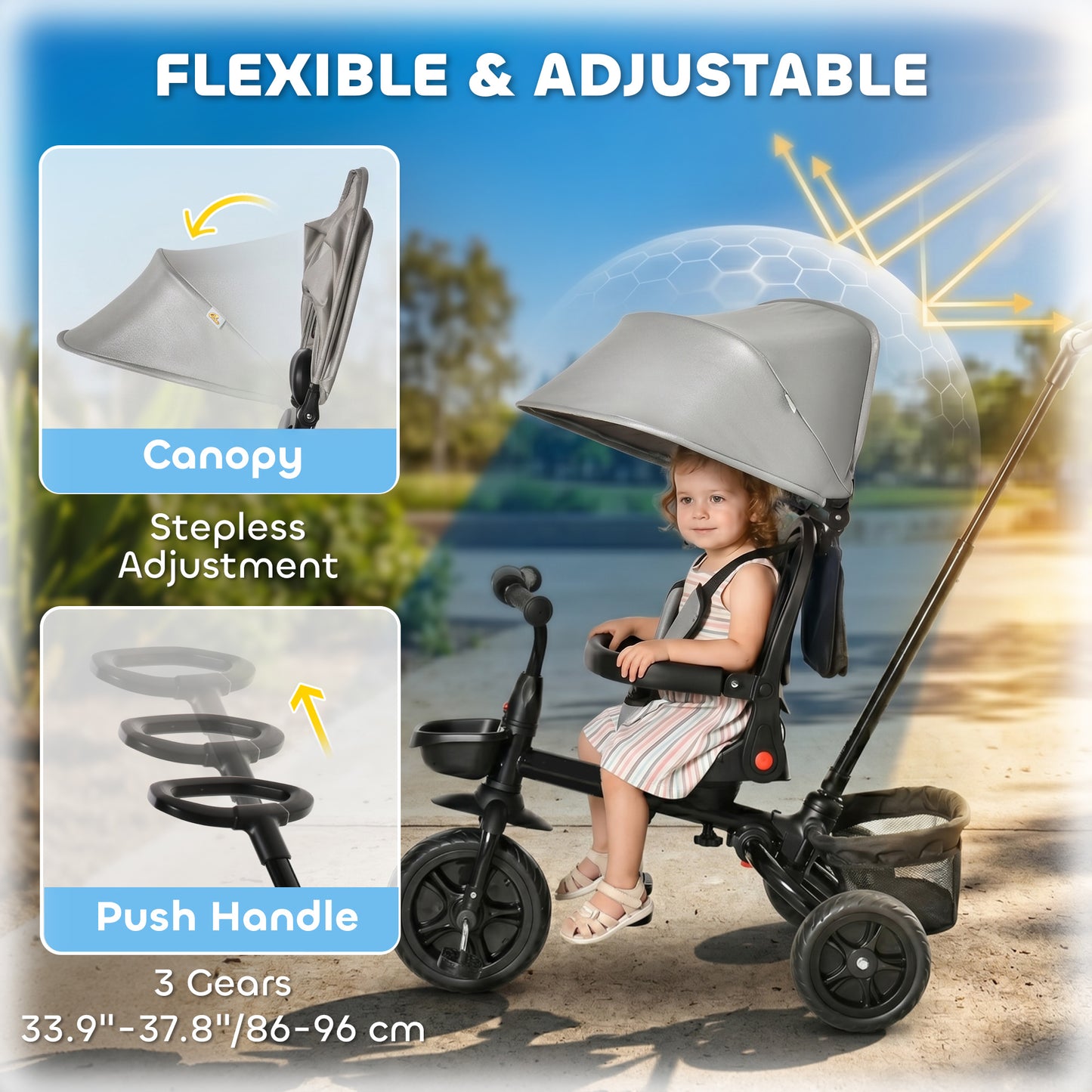 Qaba Tricycle for Toddler 4 in 1 Kids Trike, Foldable Converts Stroller to Toddler Bike, Adjustable Backrest & Curved Canopy, Detachable Guardrail & Handle for 1-5 Years Old, Grey
