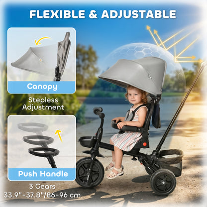 Qaba Tricycle for Toddler 4 in 1 Kids Trike, Foldable Converts Stroller to Toddler Bike, Adjustable Backrest & Curved Canopy, Detachable Guardrail & Handle for 1-5 Years Old, Grey