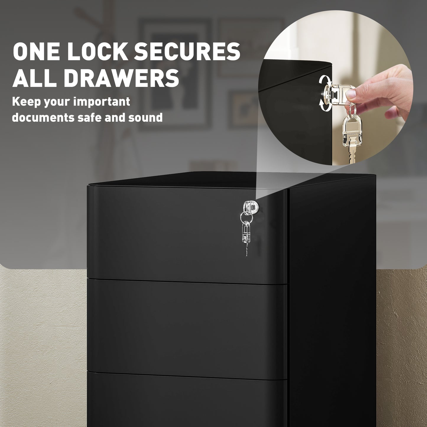 3 Drawer Filing Cabinet, Lockable Steel Office Storage Cabinet with Hanging Bar for Letter, A4, Legal Files, Black