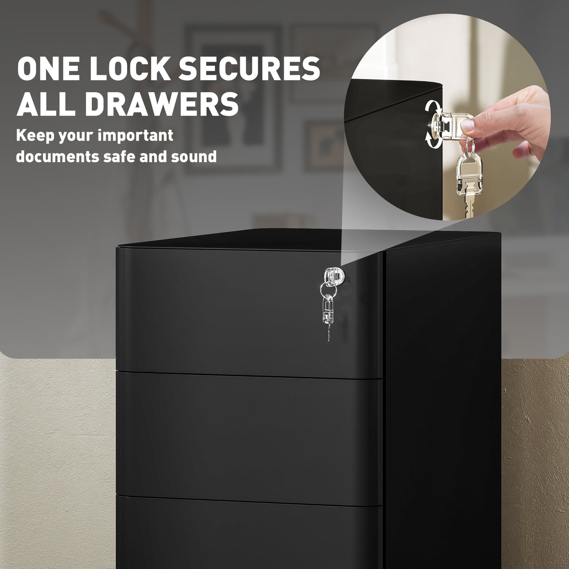 3 Drawer Filing Cabinet, Lockable Steel Office Storage Cabinet with Hanging Bar for Letter, A4, Legal Files, Black