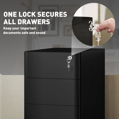 3 Drawer Filing Cabinet, Lockable Steel Office Storage Cabinet with Hanging Bar for Letter, A4, Legal Files, Black