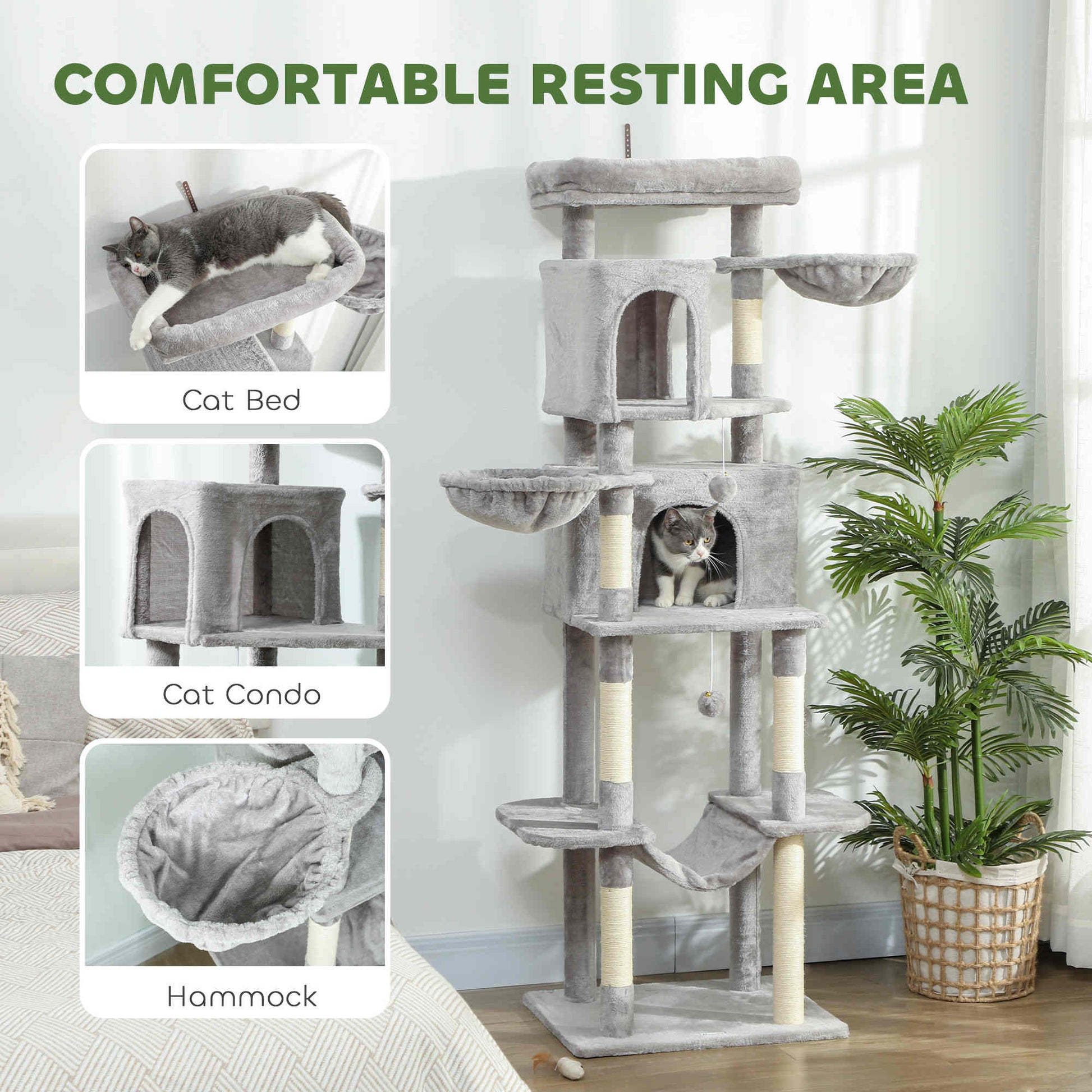 69" Cat Tree, Multi-Level Cat Tower with 2 Condos, Plush Perch and Sisal Scratching Posts, Light Grey