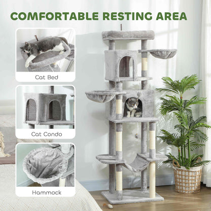 69" Cat Tree, Multi-Level Cat Tower with 2 Condos, Plush Perch and Sisal Scratching Posts, Light Grey