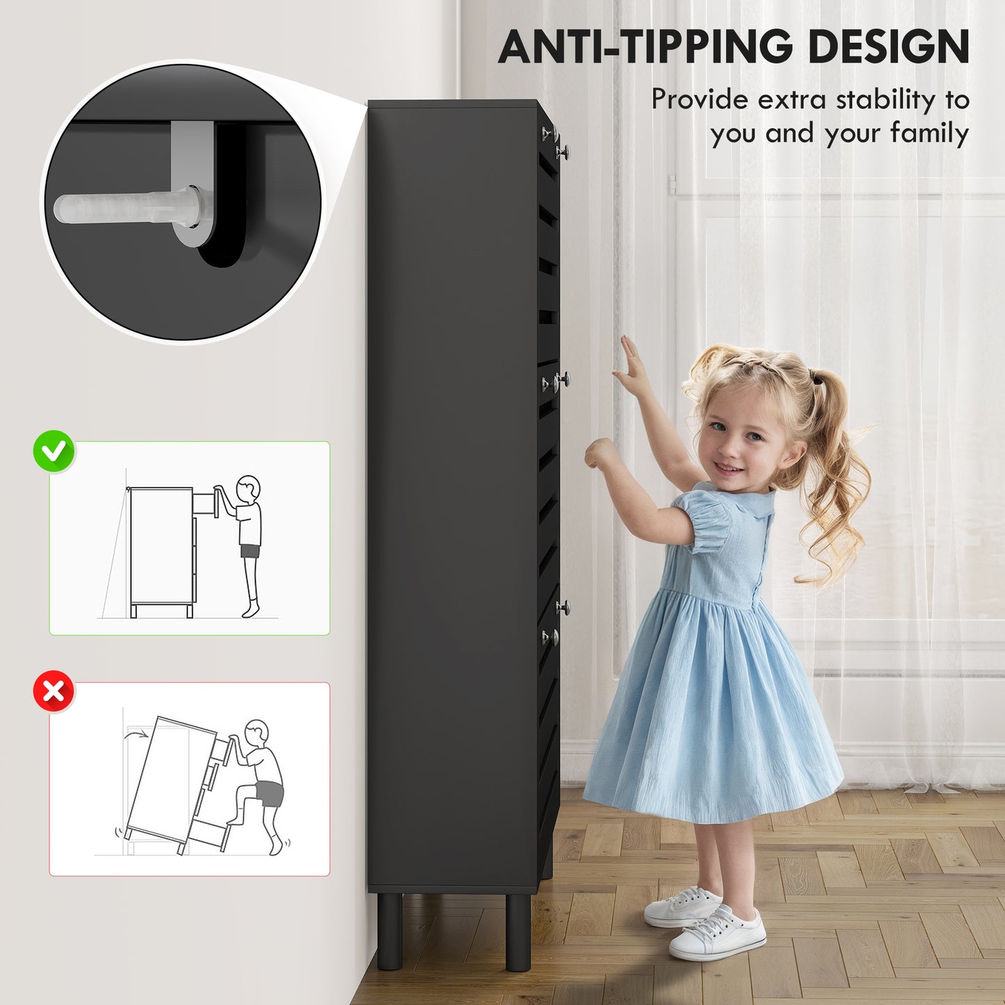 Narrow Shoe Storage Cabinet, 3 Flip Drawers, Adjustable Shelves, 18-24 Pairs Capacity, Black