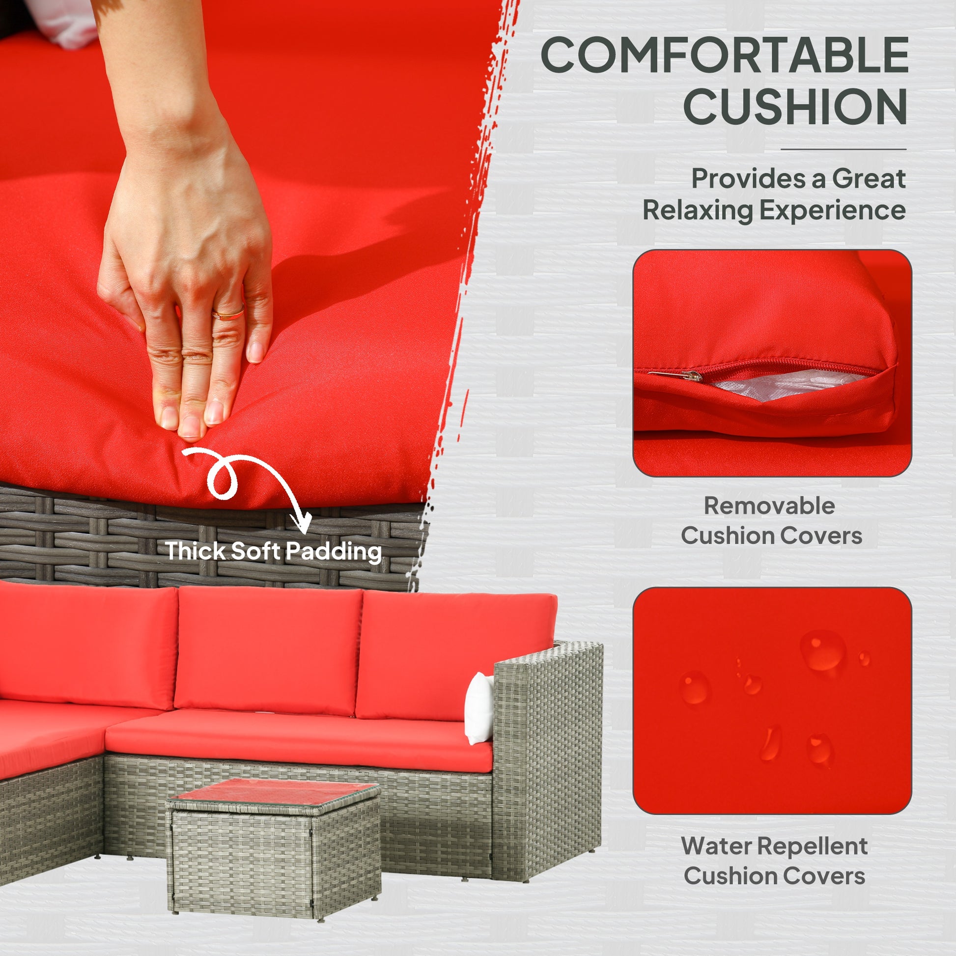 3pcs Modern Rattan Sofa Set, Wicker Patio Furniture Set with Coffee Table, Cushions, Pillows