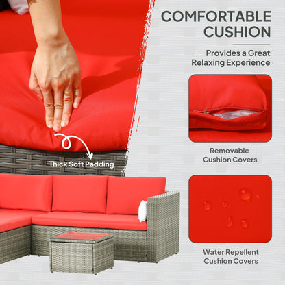 3pcs Modern Rattan Sofa Set, Wicker Patio Furniture Set with Coffee Table, Cushions, Pillows