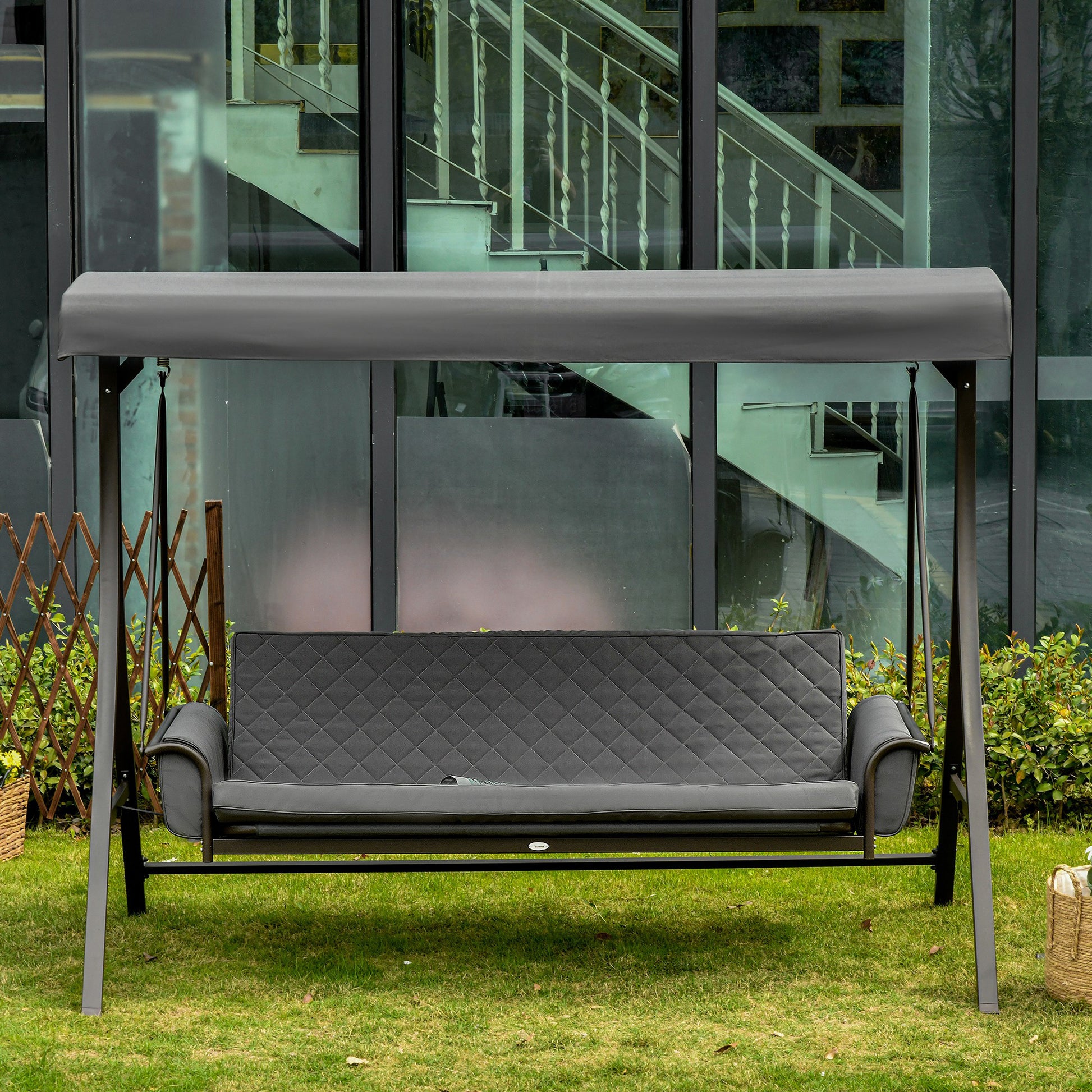 3 Person Porch Swing Bench with Adjustable Canopy, Cushions, Pillows for Porch and Backyard, Dark Grey