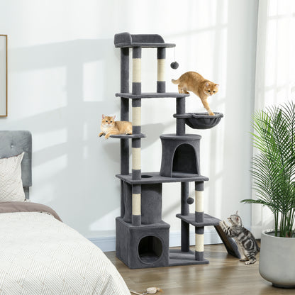 67" Large Cat Tree with 7 Scratching Posts, Tunnel, 2 Condos, Hammock, Perch, Ramp, Pompoms, Dark Grey