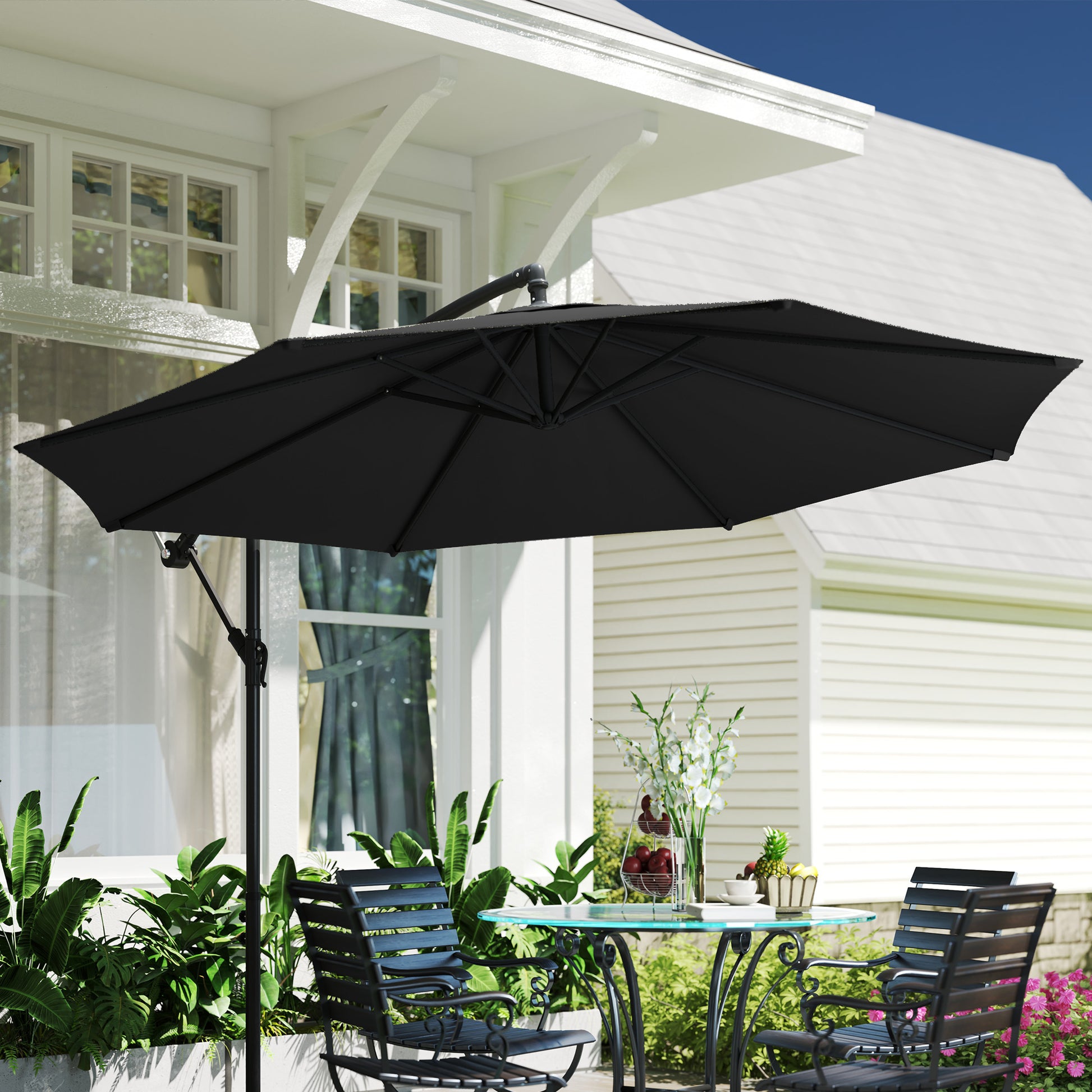 9.7ft Offset Patio Umbrella Garden Hanging Parasol Banana Cantilever Umbrella with Base, Crank, Black