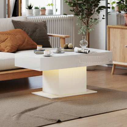 Extendable Coffee Table with LED Lights, Modern High Gloss Center Table with Hidden Storage for Living Room, White
