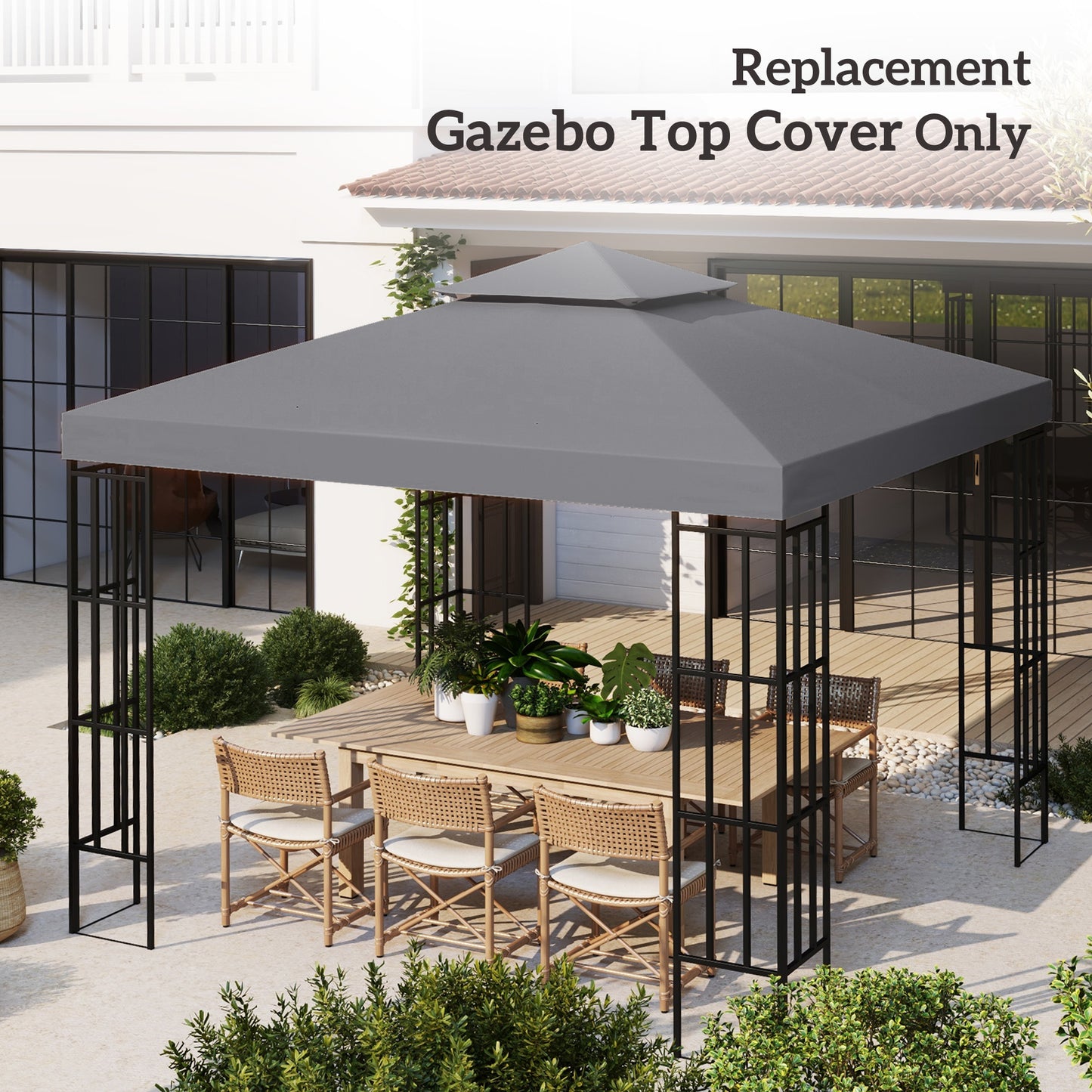10' x 10' Square 2-Tier Gazebo Canopy Replacement Top Cover Outdoor Garden Sun Shade, Dark Grey