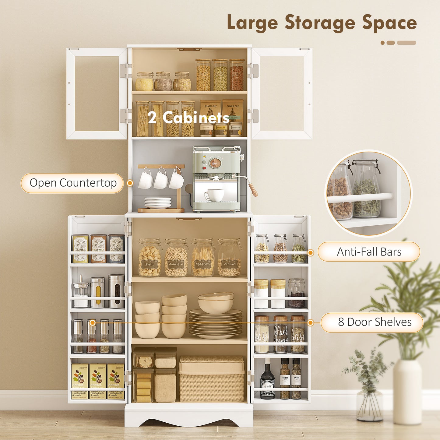 71" Kitchen Pantry Cabinet, Freestanding Kitchen Hutch with 8 Door Shelves, Adjustable Shelf and Acrylic Doors, White