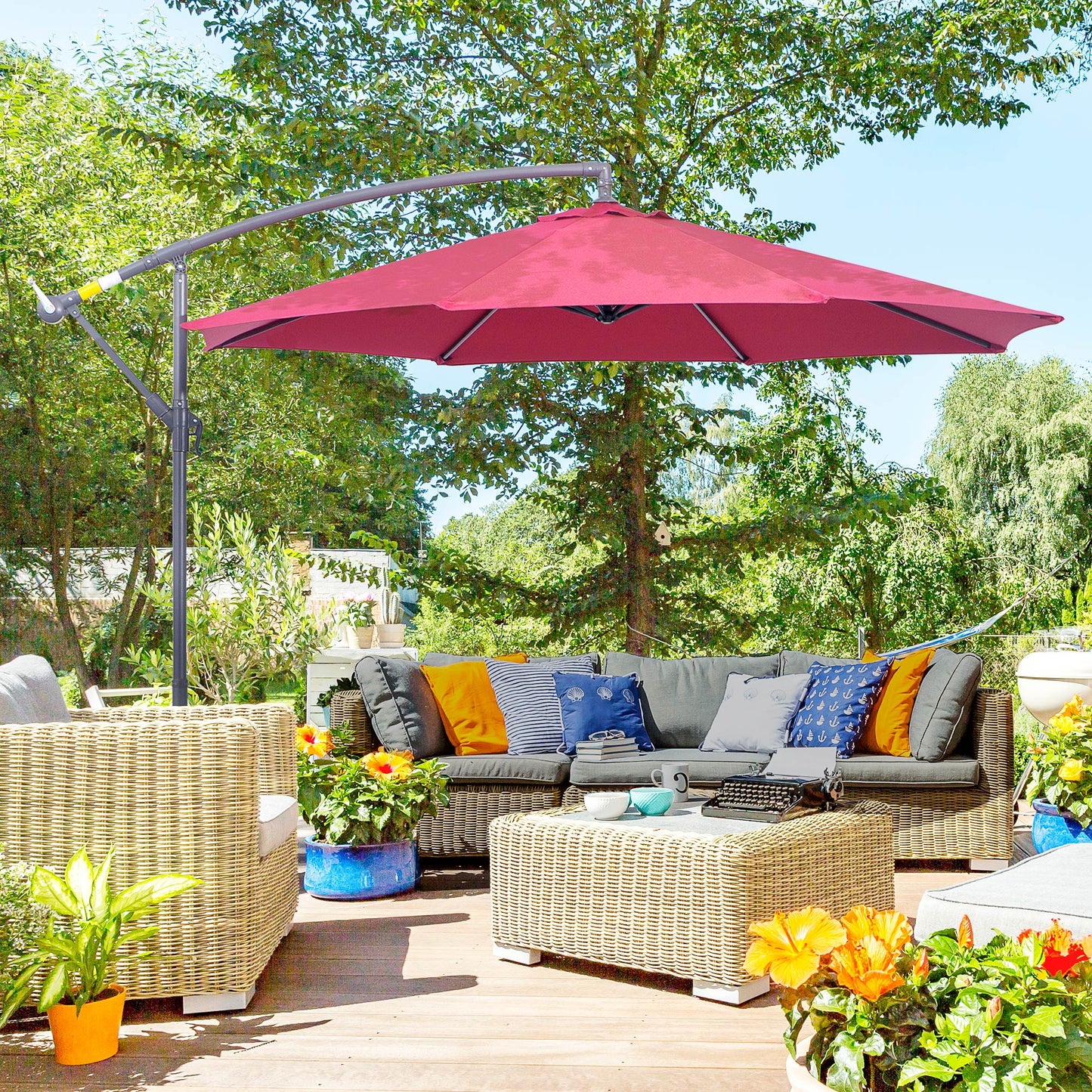 10' Deluxe Patio Umbrella, Outdoor Market Parasol, Banana Hanging Offset Sunshade with Crank, Cross Base, Wine Red