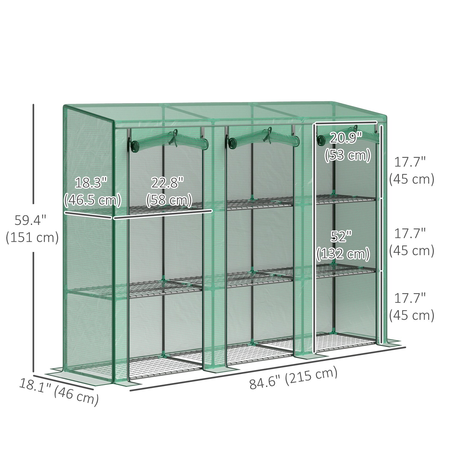 Lean-to Greenhouse with 3 Tier Shelves, Mini Greenhouse with 3 Roll-Up Doors for Indoor Outdoor, Green