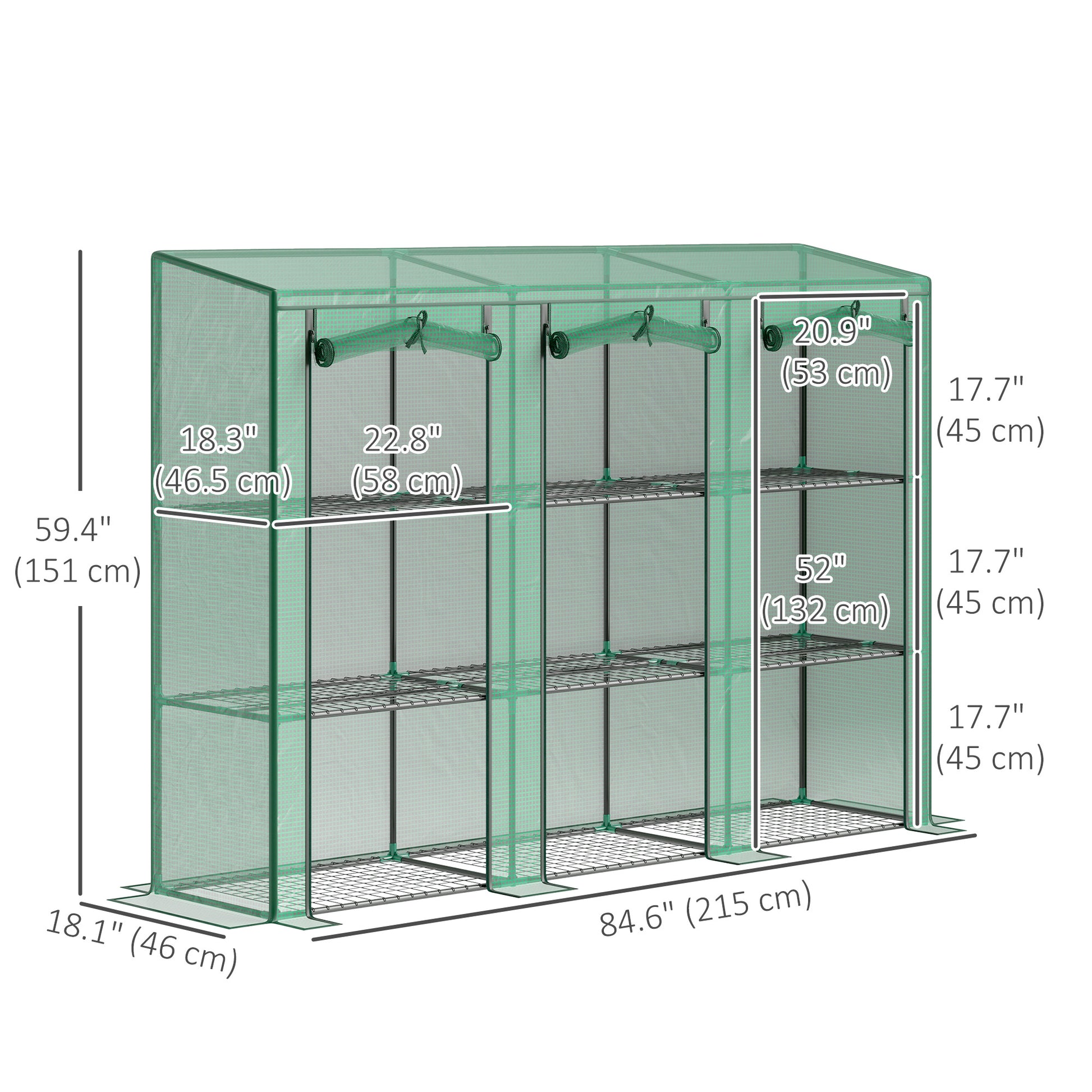 Lean-to Greenhouse with 3 Tier Shelves, Mini Greenhouse with 3 Roll-Up Doors for Indoor Outdoor, Green