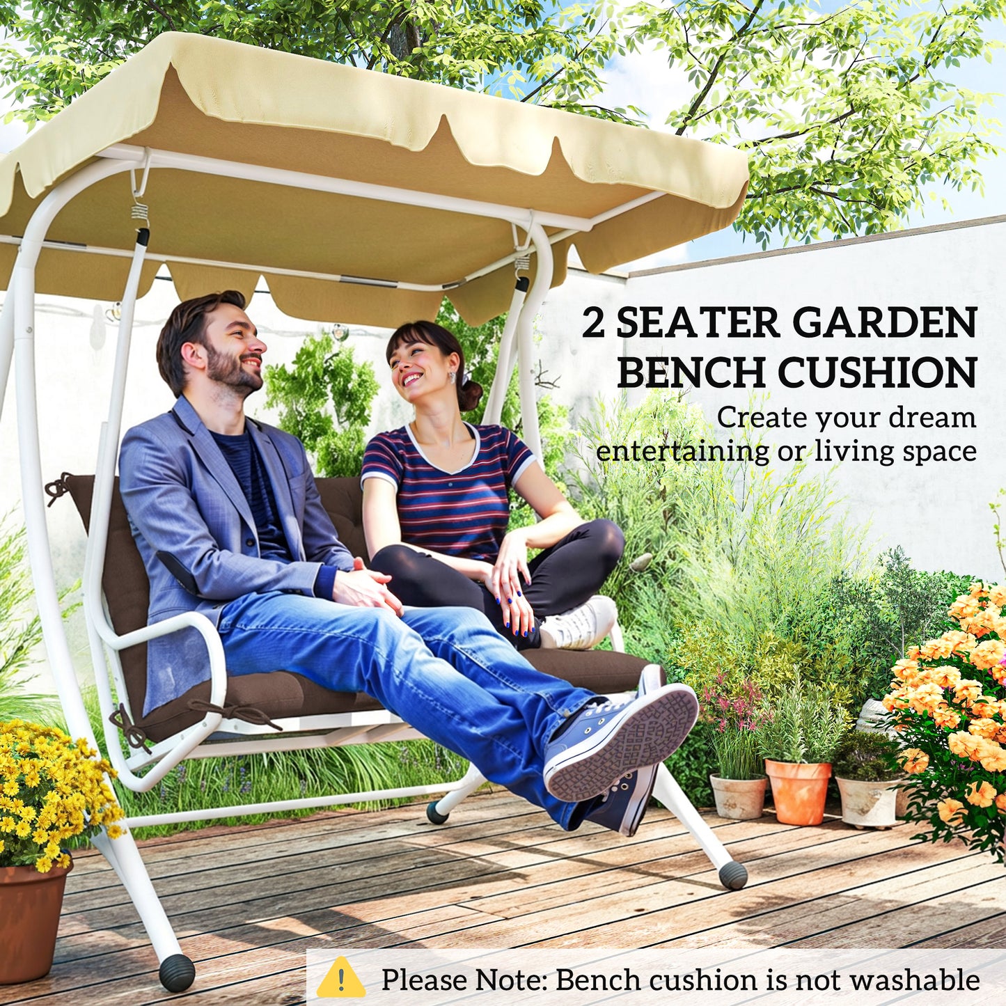 Garden Bench Cushion with Backrest, Non-Slip 2 Seater Soft Pad with Ties, Coffee