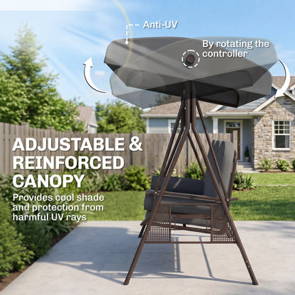 Outdoor Patio 3-Person Steel Canopy Cushioned Seat Bench Swing with Included Side Trays & Padded Comfort, Dark Grey