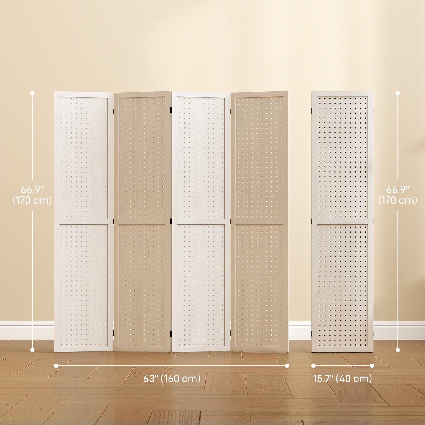5.6 Ft. Tall 4-Panel Room Divider, Pegboard Panel Folding Privacy Screen, Partition Wall Divider for Bedroom, White