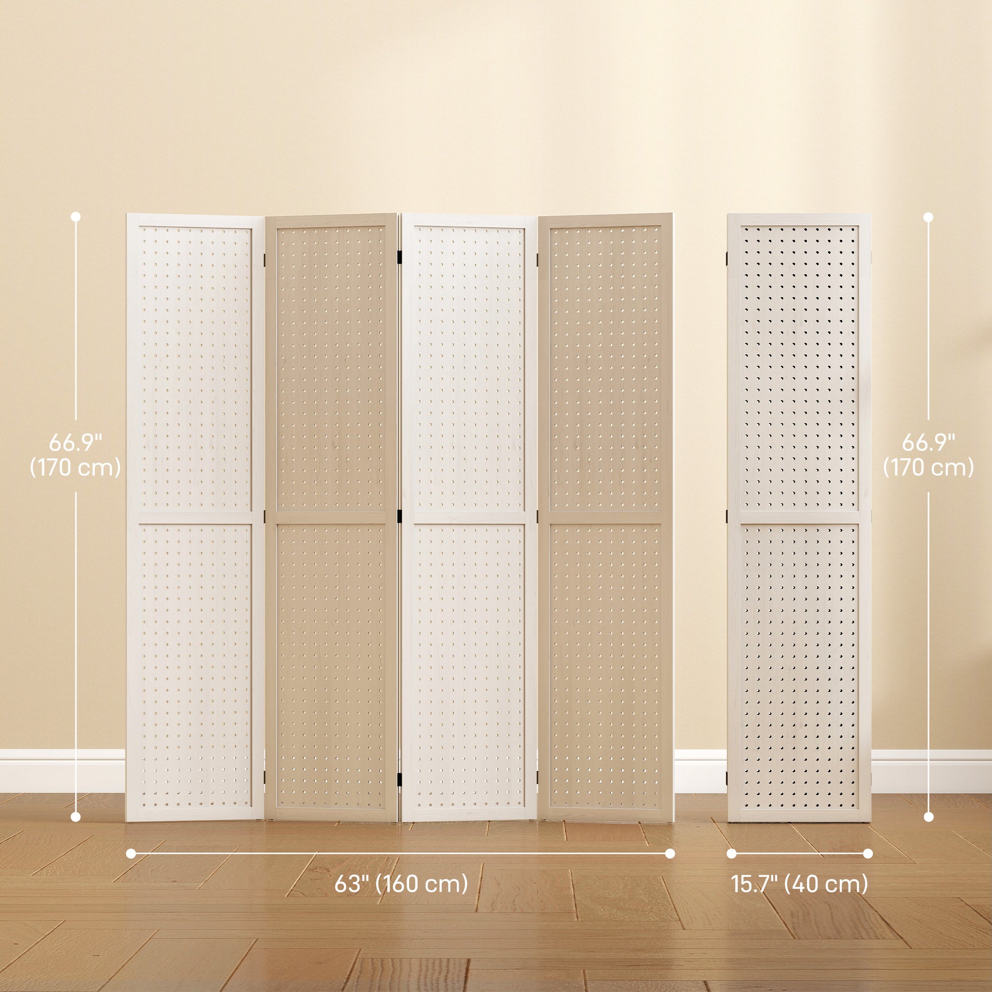 5.6 Ft. Tall 4-Panel Room Divider, Pegboard Panel Folding Privacy Screen, Partition Wall Divider for Bedroom, White