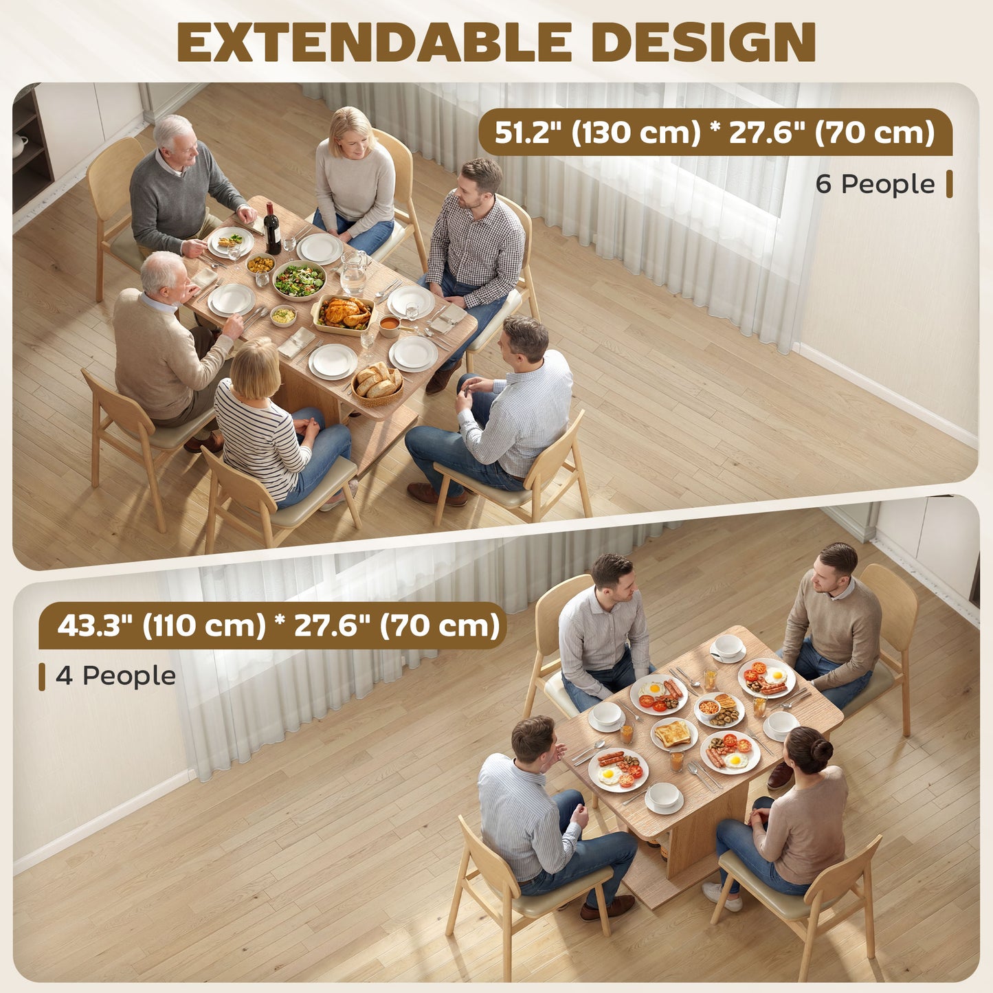 Extendable Dining Table for 4-6 People, 43.3"-51.2" Kitchen Table with 6 Open Shelves, Natural Wood