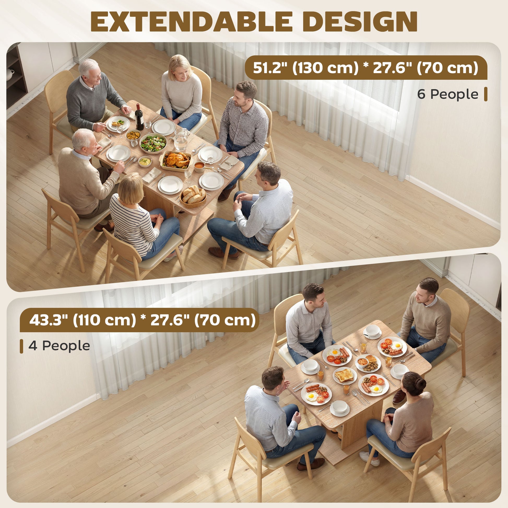 Extendable Dining Table for 4-6 People, 43.3"-51.2" Kitchen Table with 6 Open Shelves, Natural Wood