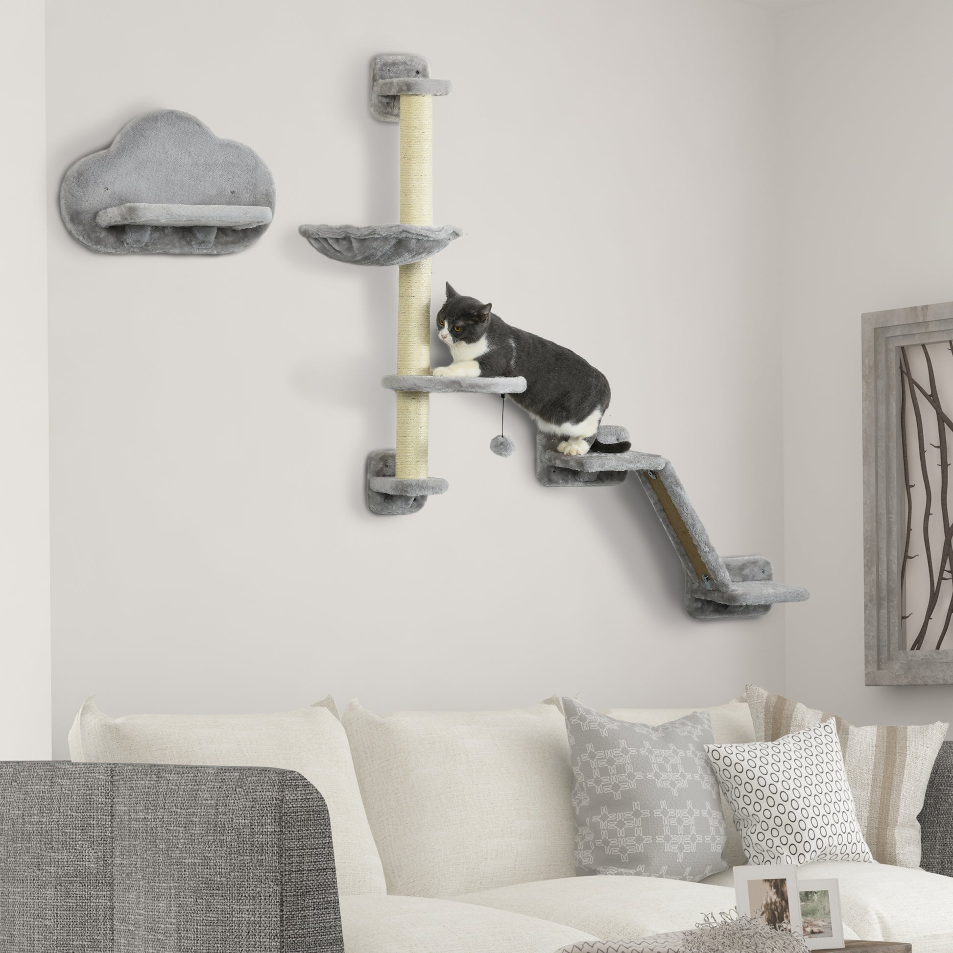 3PCs Cat Shelves with Hammock, Scratching Posts, Platforms, Grey