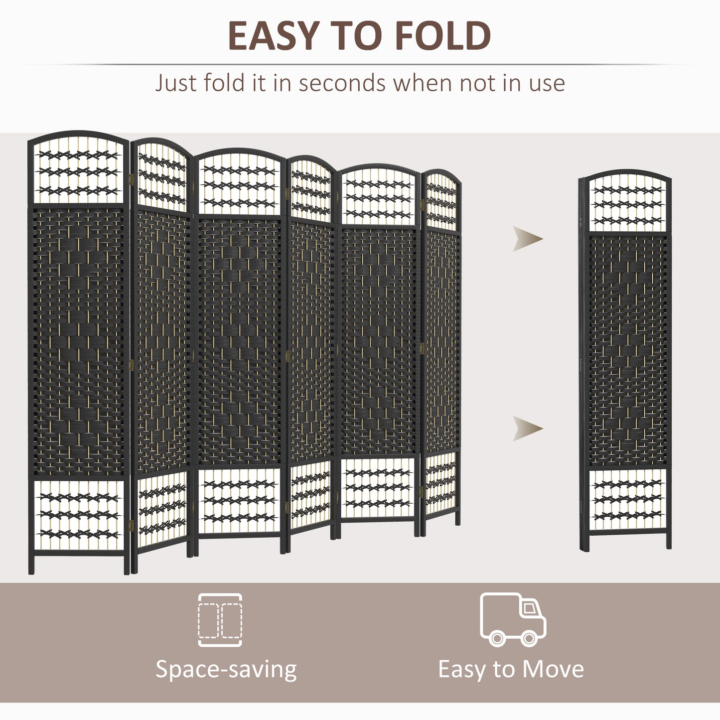 6 Panel Folding Room Divider, Portable Privacy Screen, Wave Fiber Room Partition for Home Office, Black